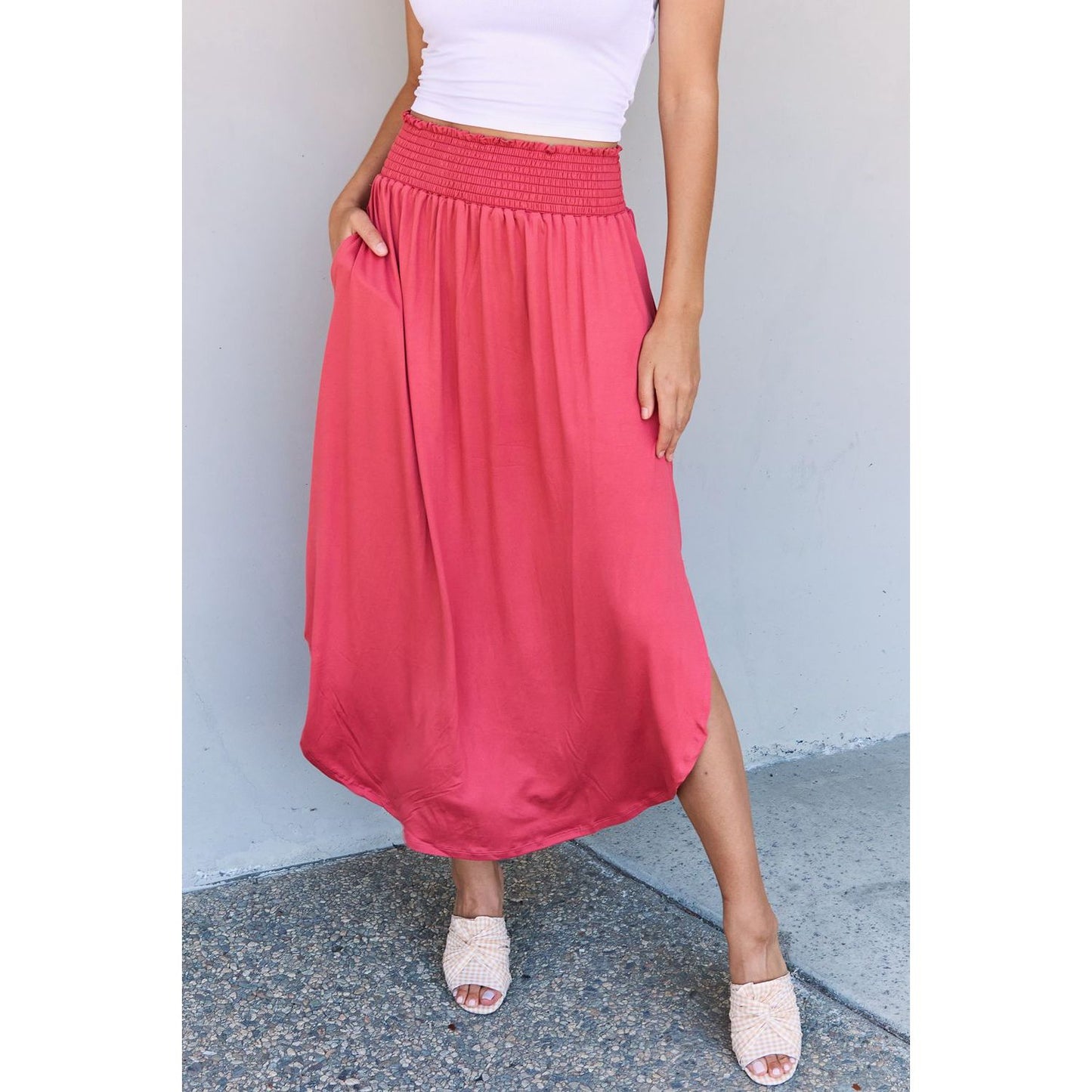 Doublju Comfort Princess Full Size High Waist Scoop Hem Maxi Skirt