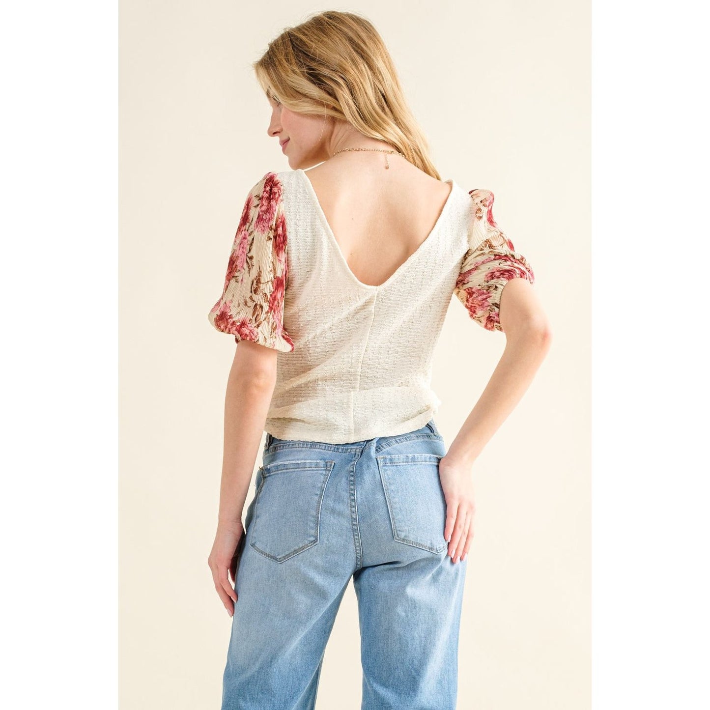 And The Why Full Size Floral Print Textured Sleeve Knit Top