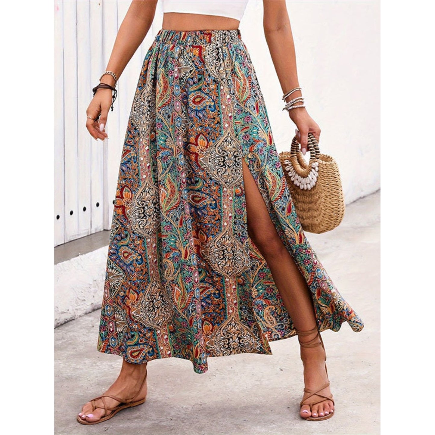 Slit Printed Elastic Waist Skirt