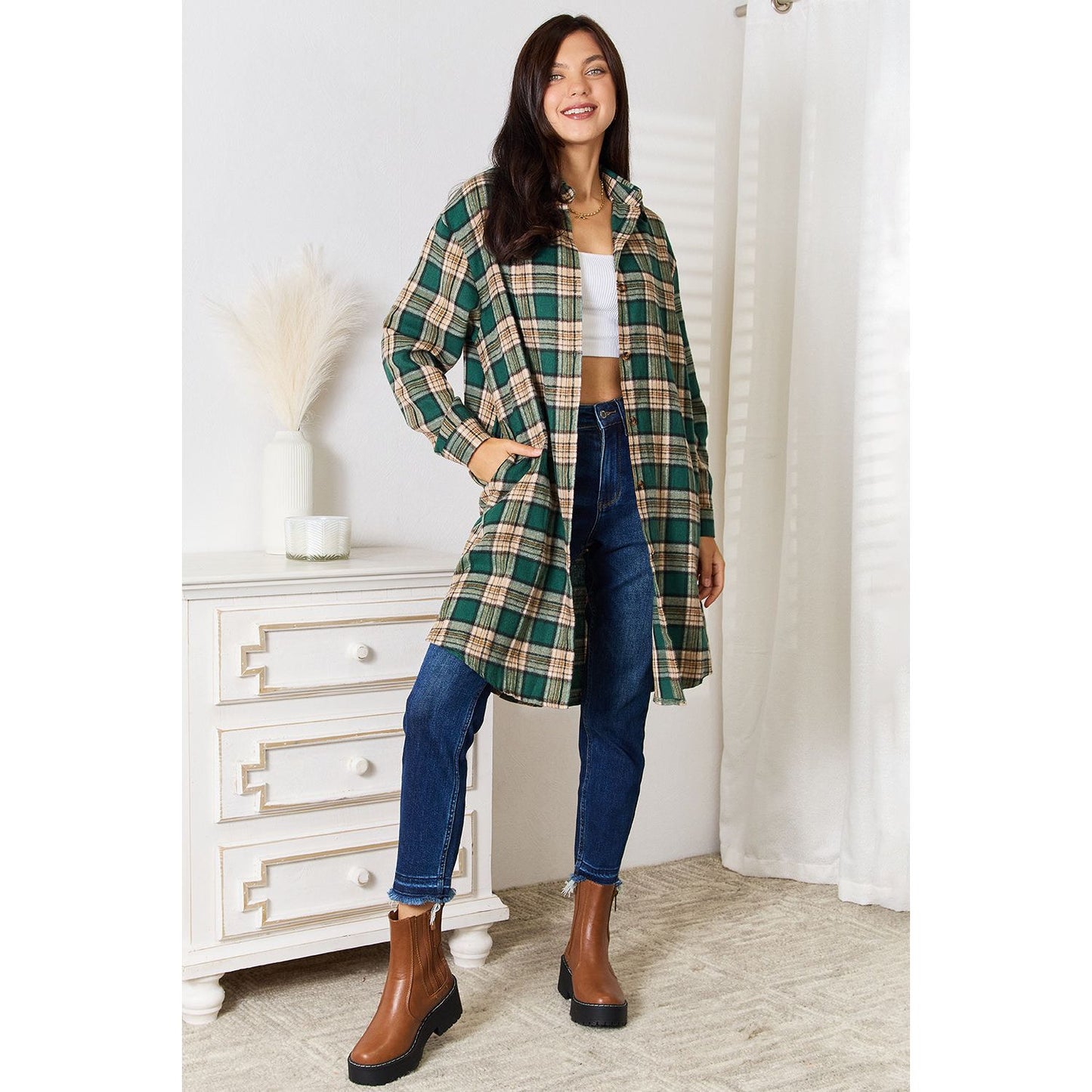 Plaid Collared Neck Long Sleeve Shirt