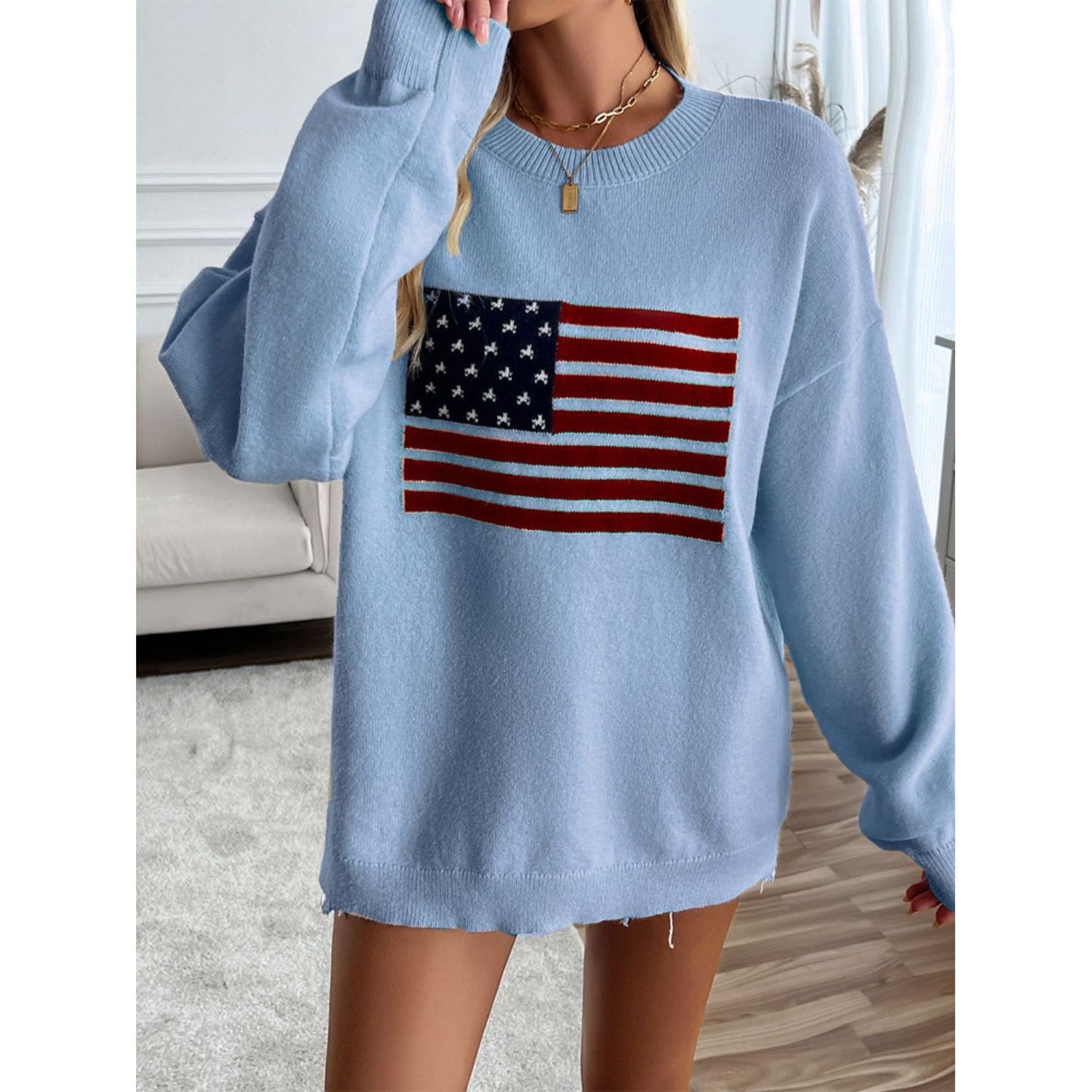 Devine US Flag Round Neck Long Sleeve Knit Top