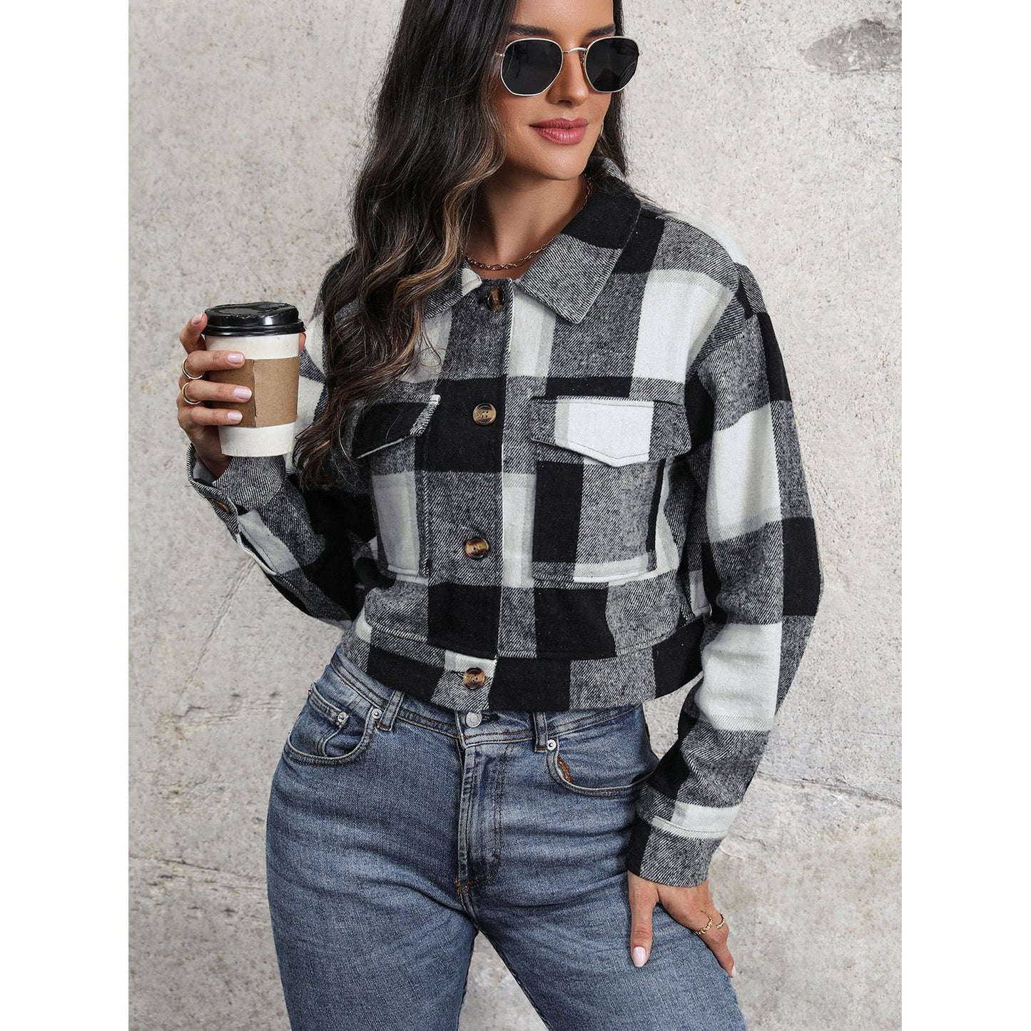 Perfee Plaid Button Up Drop Shoulder Cropped Jacket