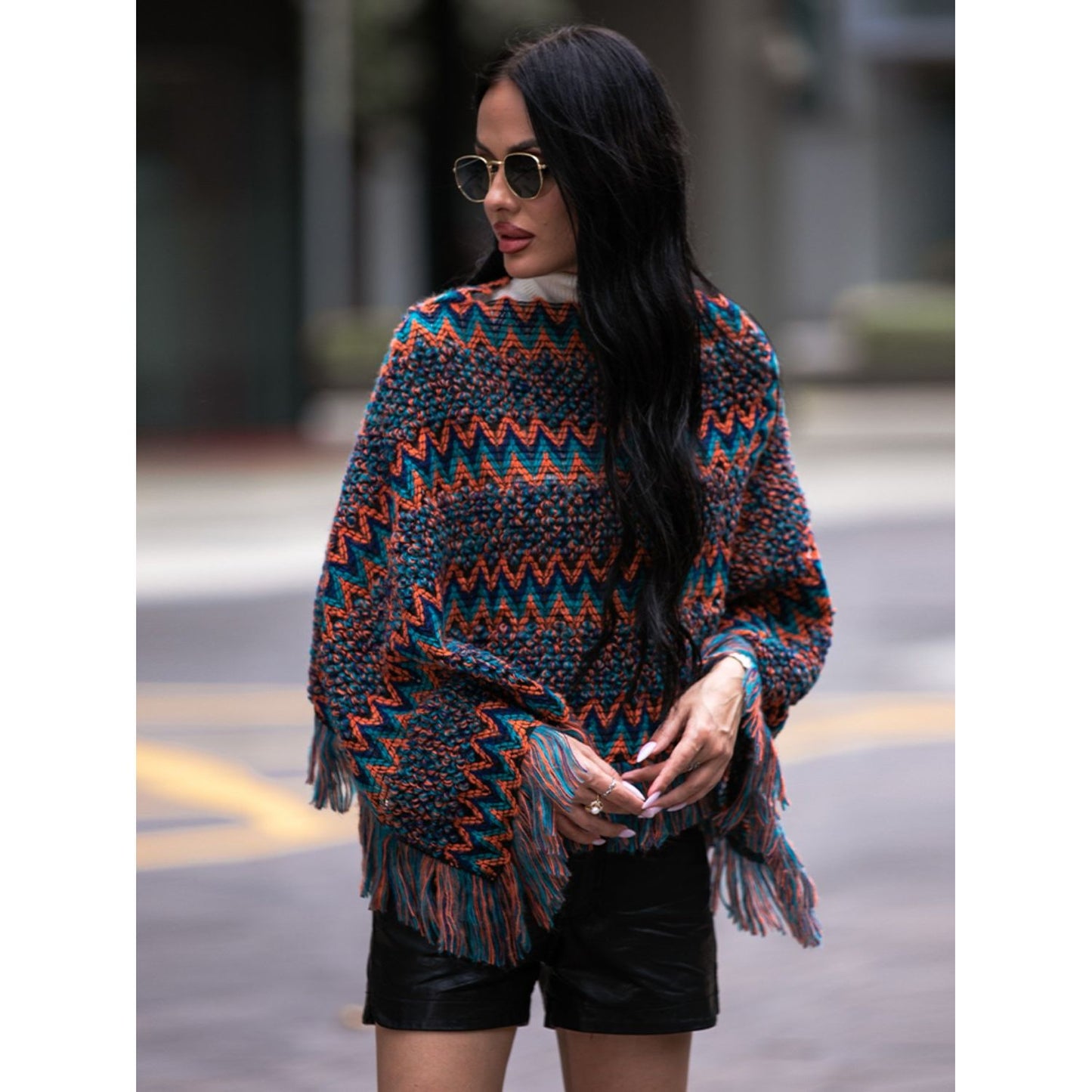 Shiny Fringe Hem Boat Neck Poncho