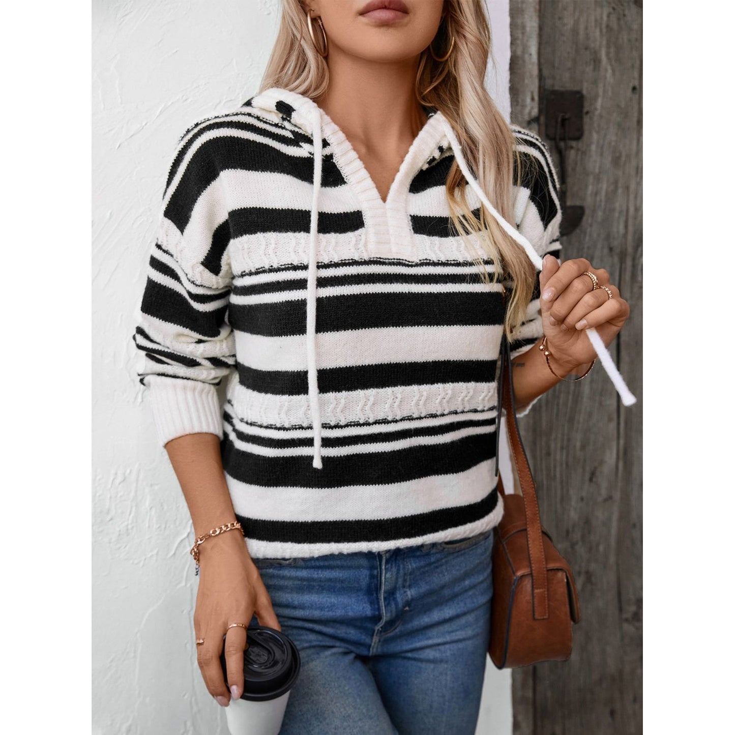 Drawstring Striped Long Sleeve Hooded Sweater