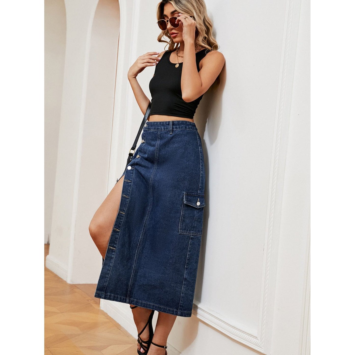 Button Down Midi Denim Skirt