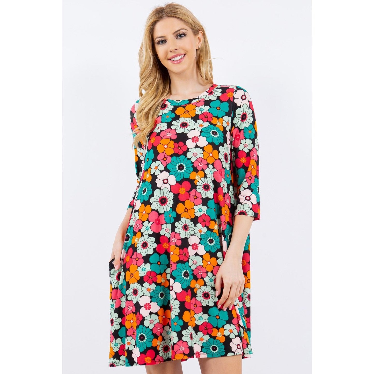 Celeste Full Size Floral Three-Quarter Sleeve Dress with Pockets