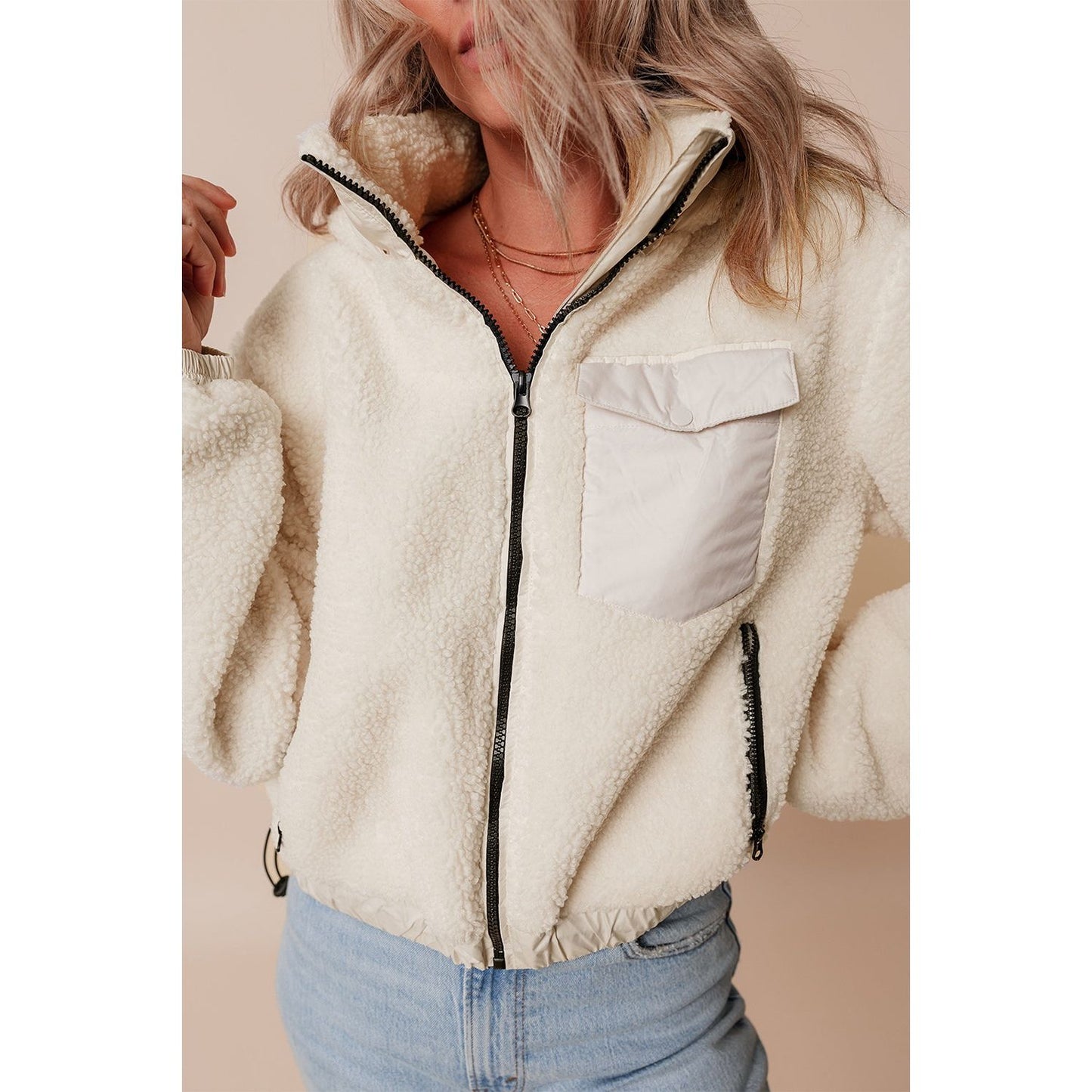 Drawstring Zip Up Sherpa Jacket with Removable Hood