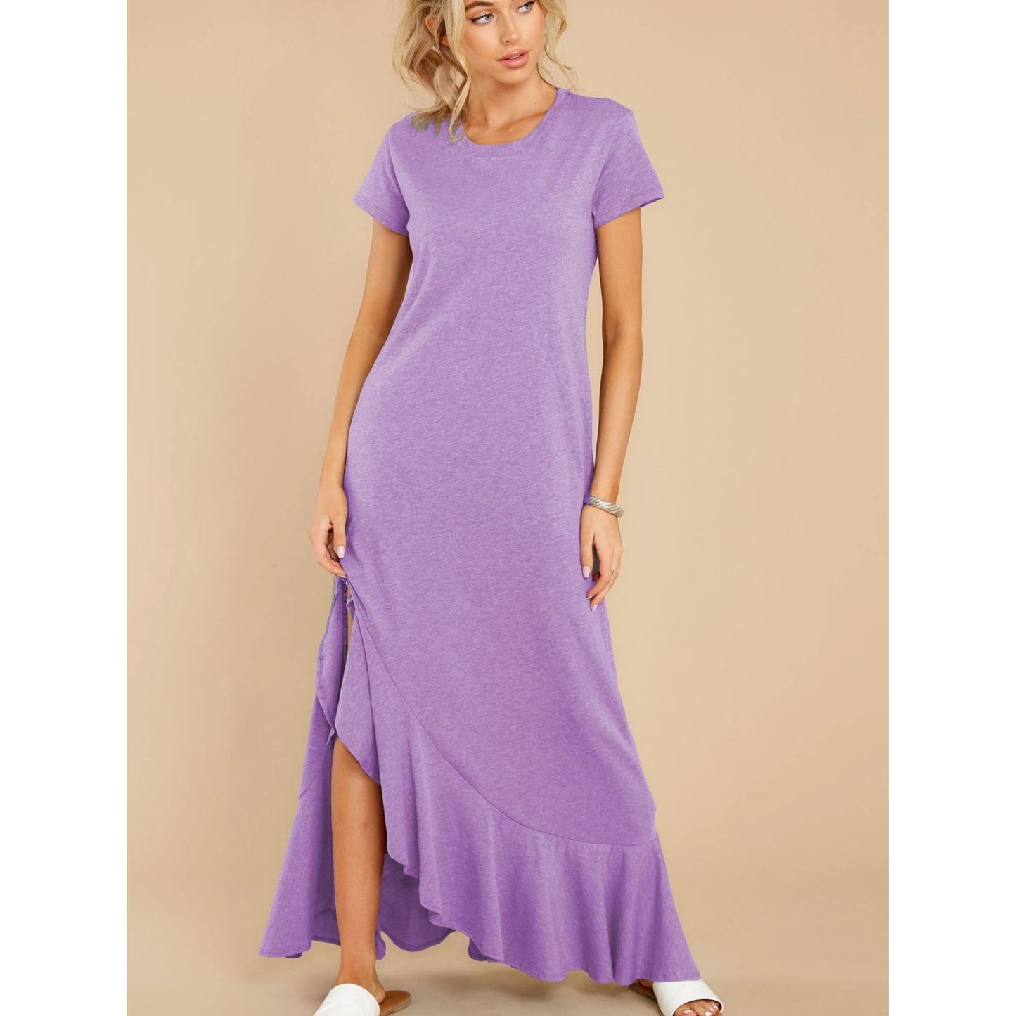 Slit Round Neck Short Sleeve Maxi Dress