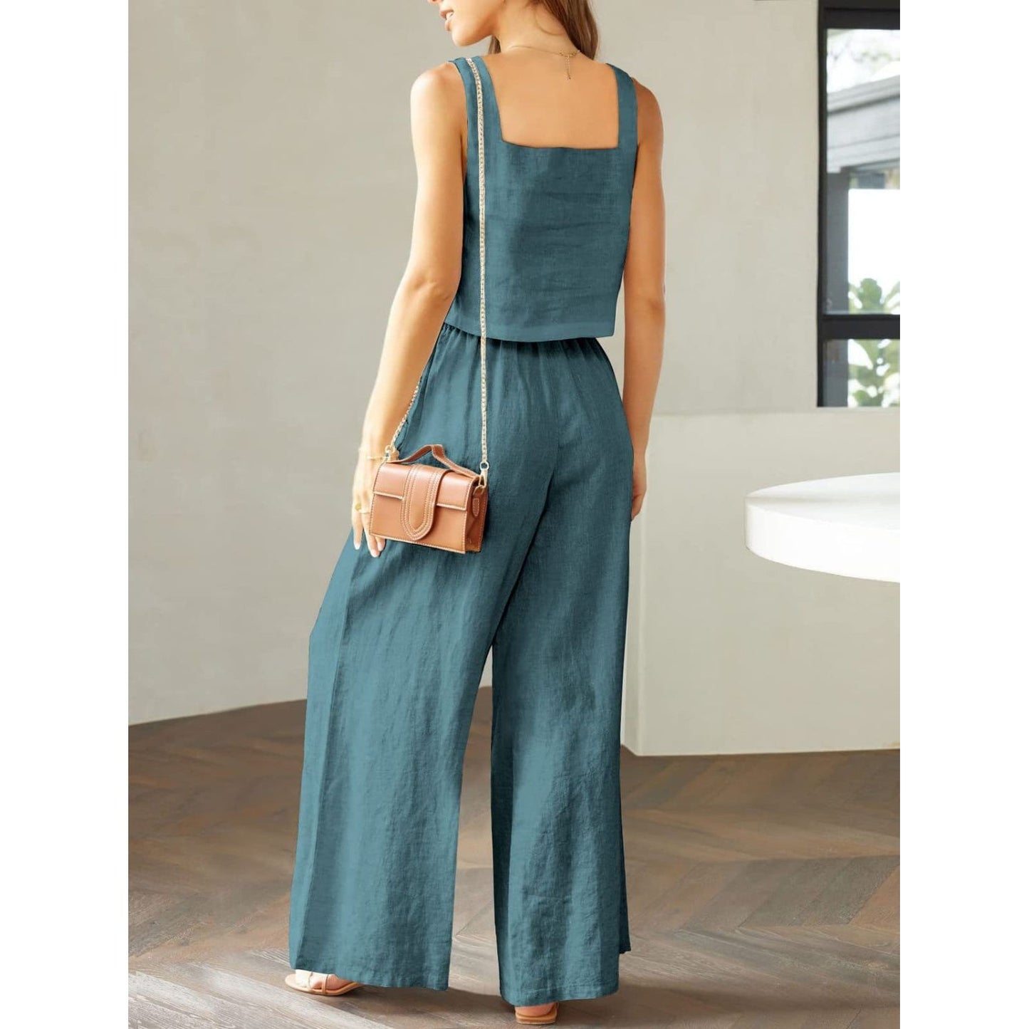 Square Neck Top and Wide Leg Pants Set