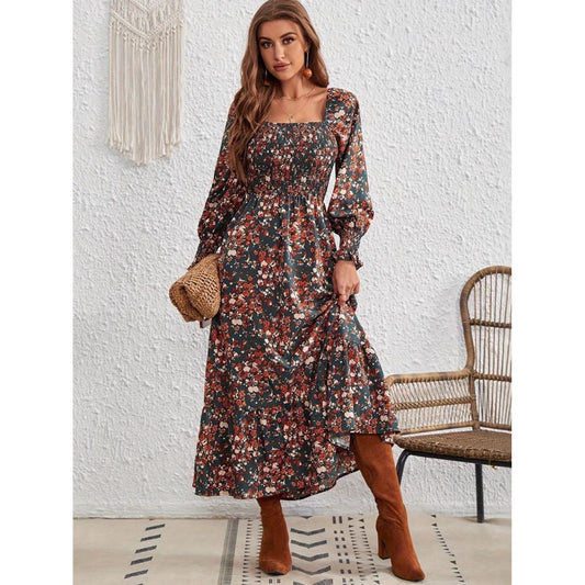 Smocked Floral Square Neck Long Sleeve Dress