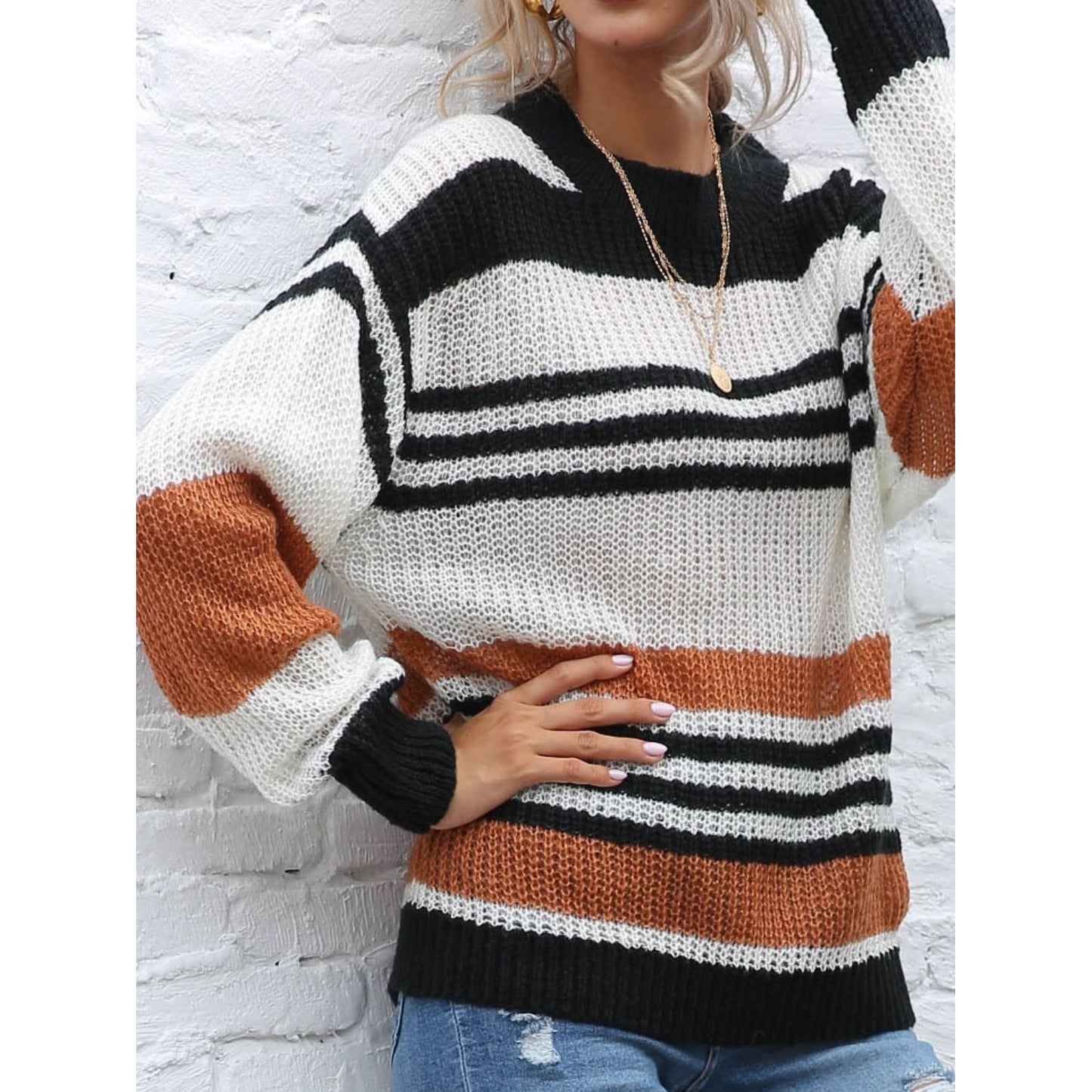 Contrast Striped Round Neck Long Sleeve Sweater