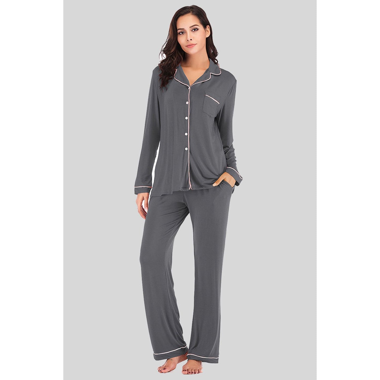 Collared Neck Long Sleeve Loungewear Set with Pockets