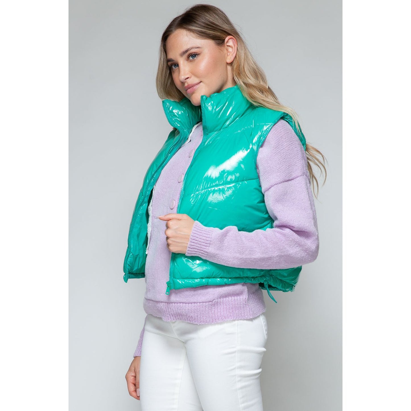 Snobbish Zip Up Turtleneck Shiny Quilted Vest