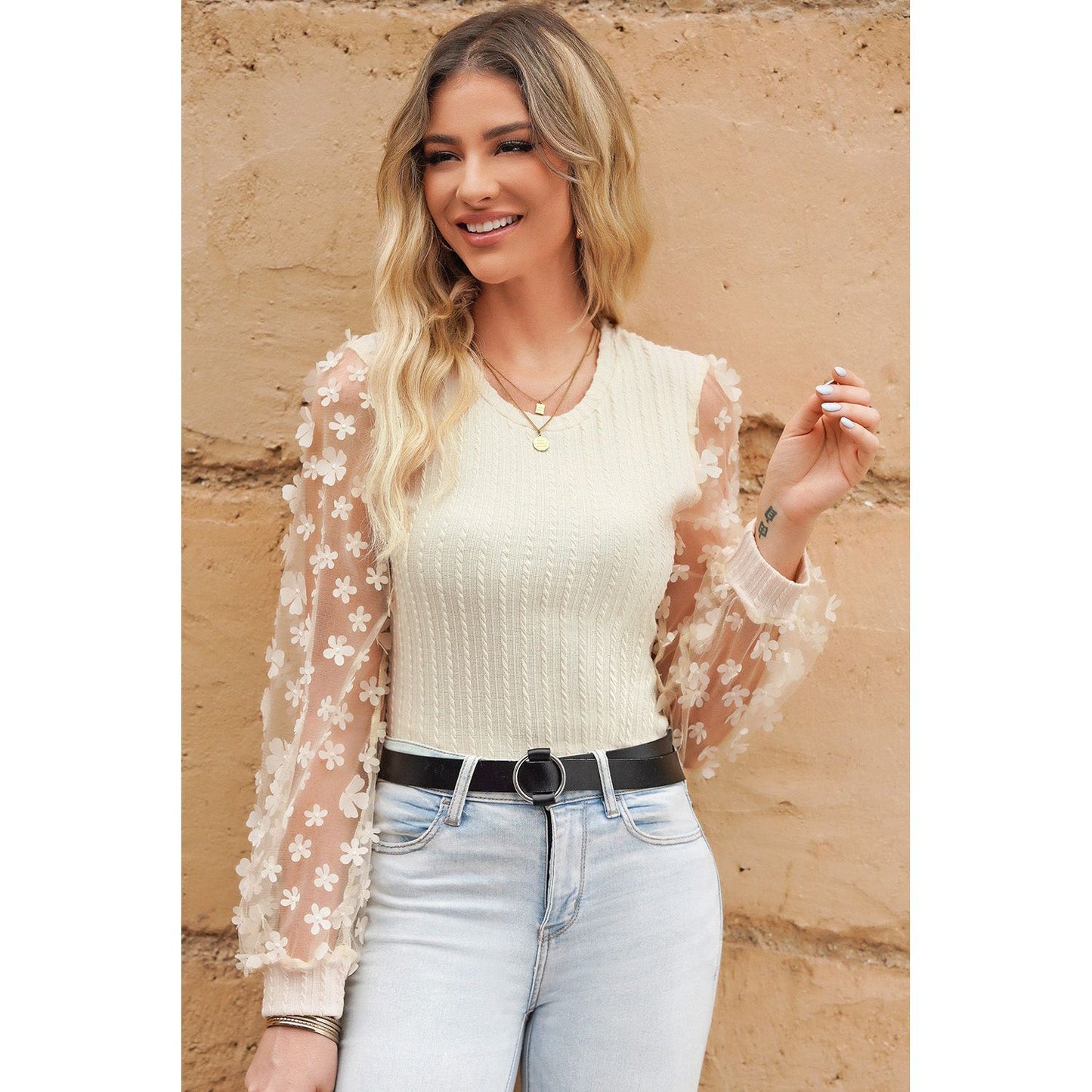 Double Take Textured Applique Long Sleeve Blouse