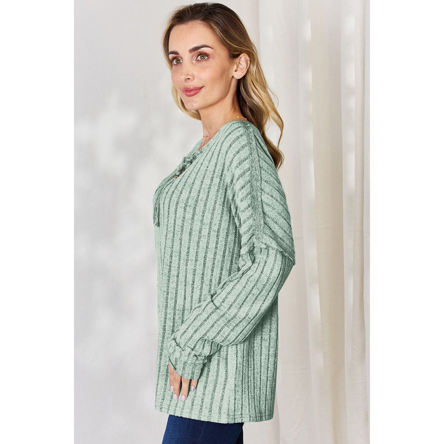 Basic Bae Full Size Ribbed Half Button Long Sleeve T-Shirt