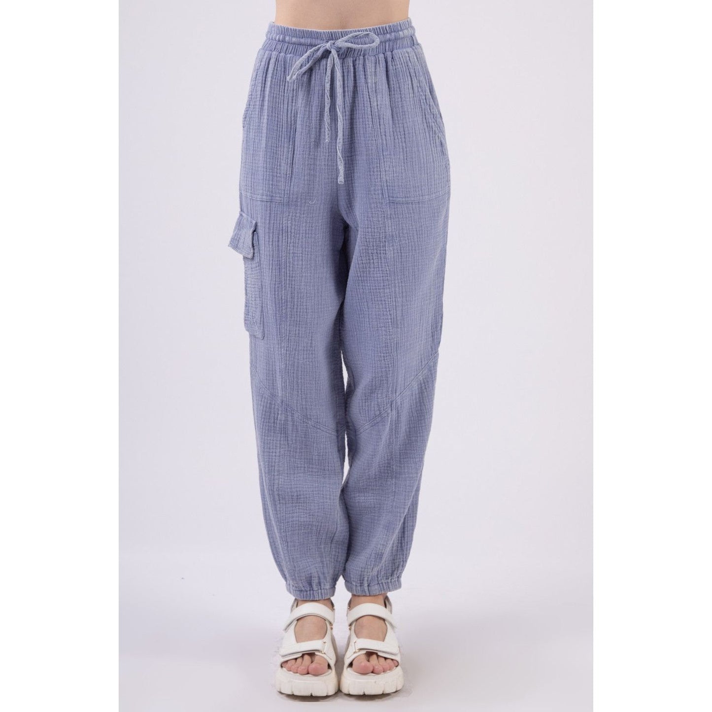 VERY J Washed Woven Crinkle Gauze Drawstring Cargo Pants