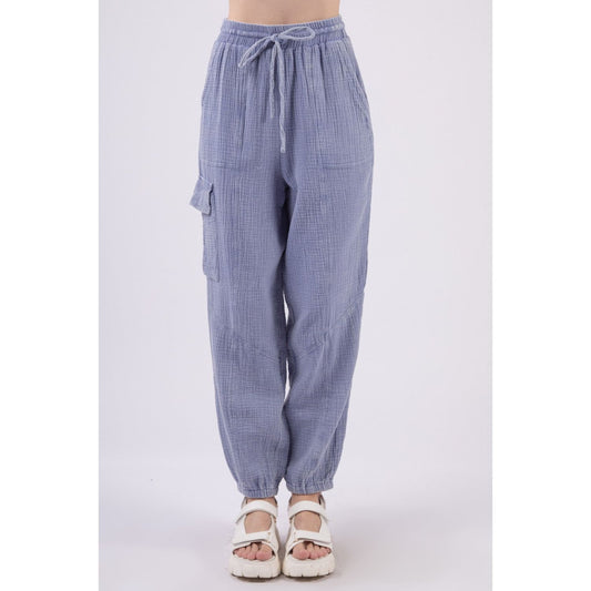 VERY J Washed Woven Crinkle Gauze Drawstring Cargo Pants