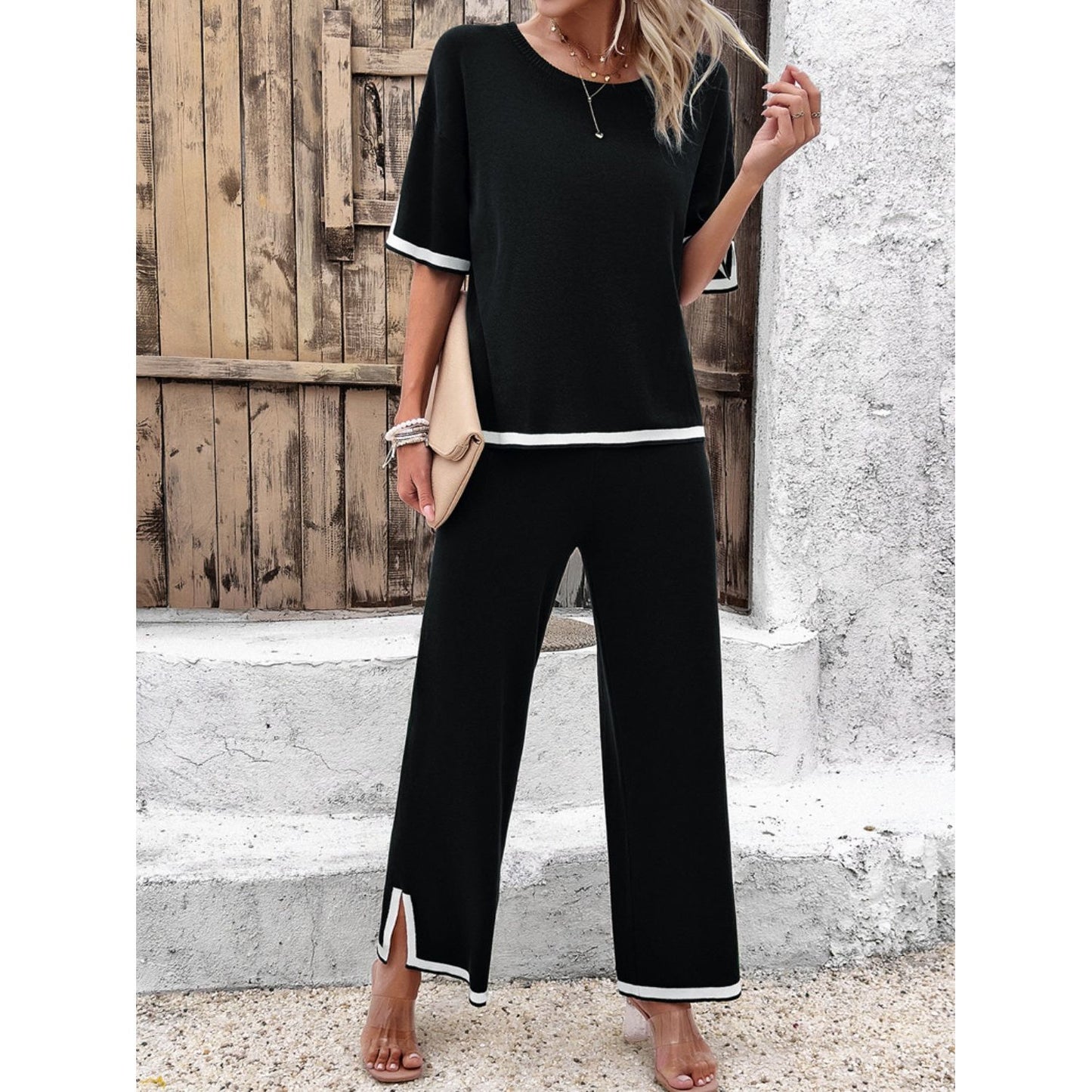 Contrast Trim Round Neck Top and Pants Set