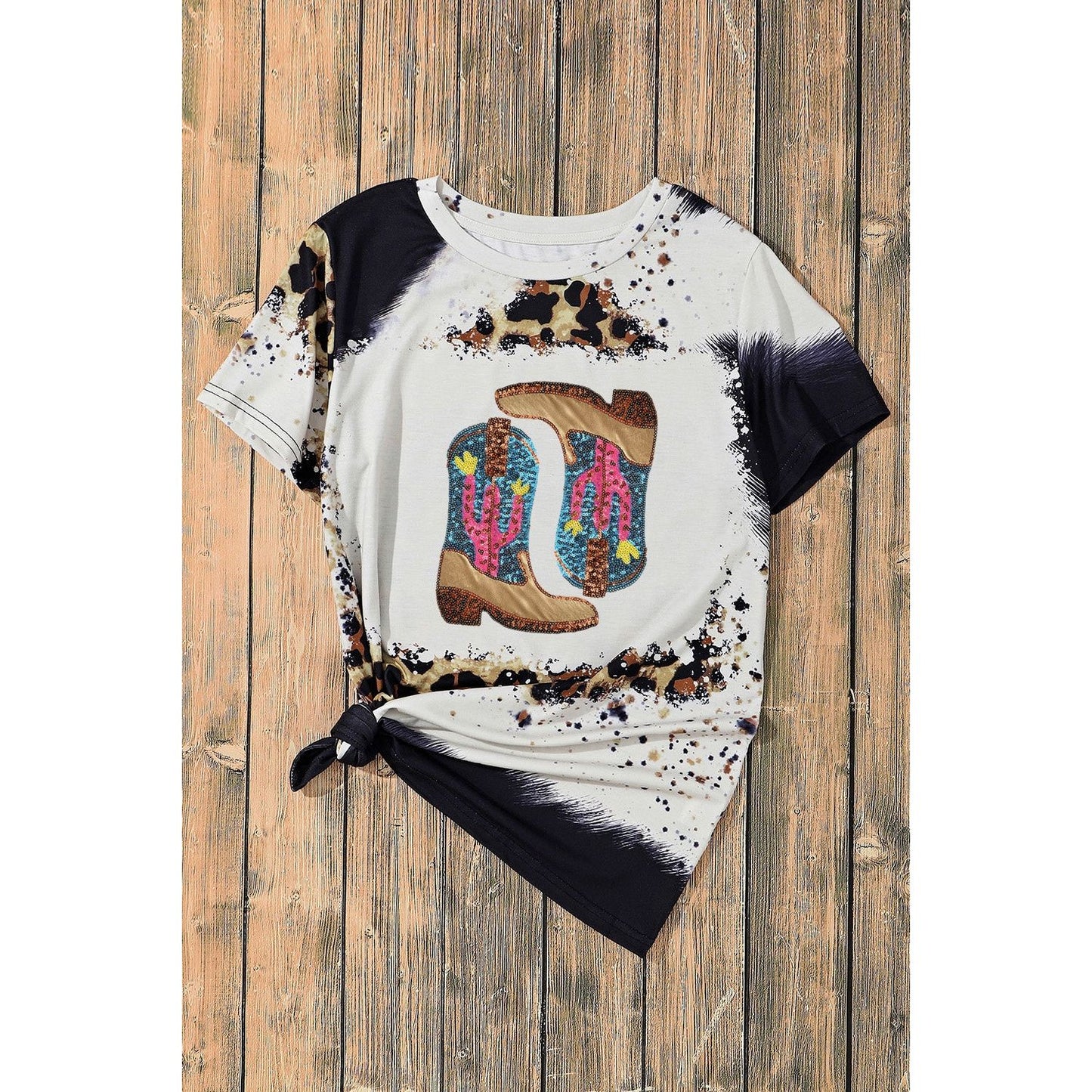 Sequin Boots Leopard Round Neck Short Sleeve T-Shirt