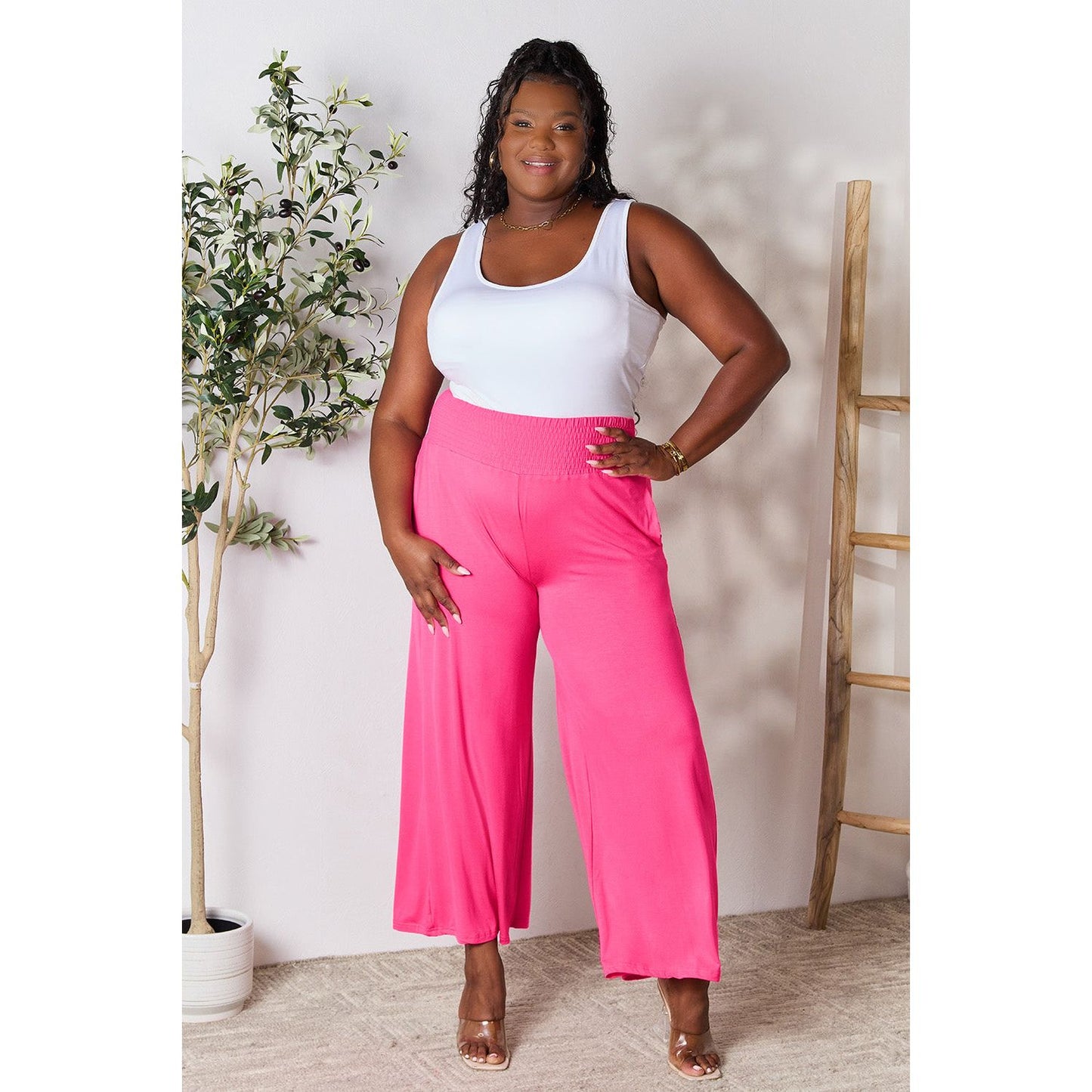 Double Take Full Size Smocked Wide Waistband Wide Leg Pants