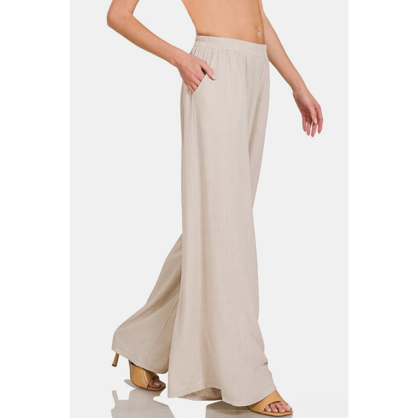 Zenana Pleated Linen Blend Wide Leg Pants