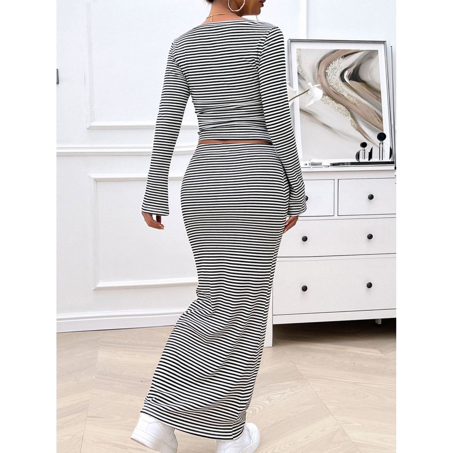 Devine Striped Boat Neck Top and Skirt Set