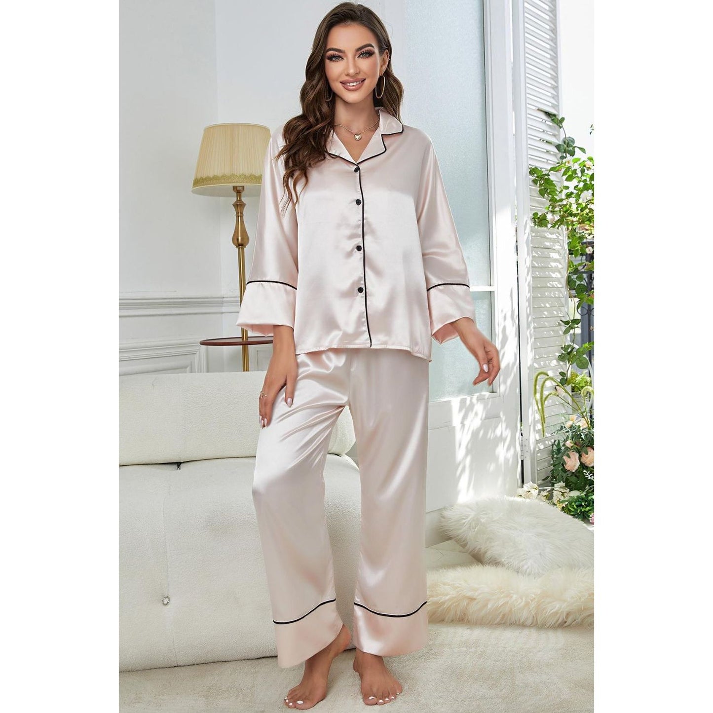 Contrast Piping Button-Up Top and Pants Pajama Set