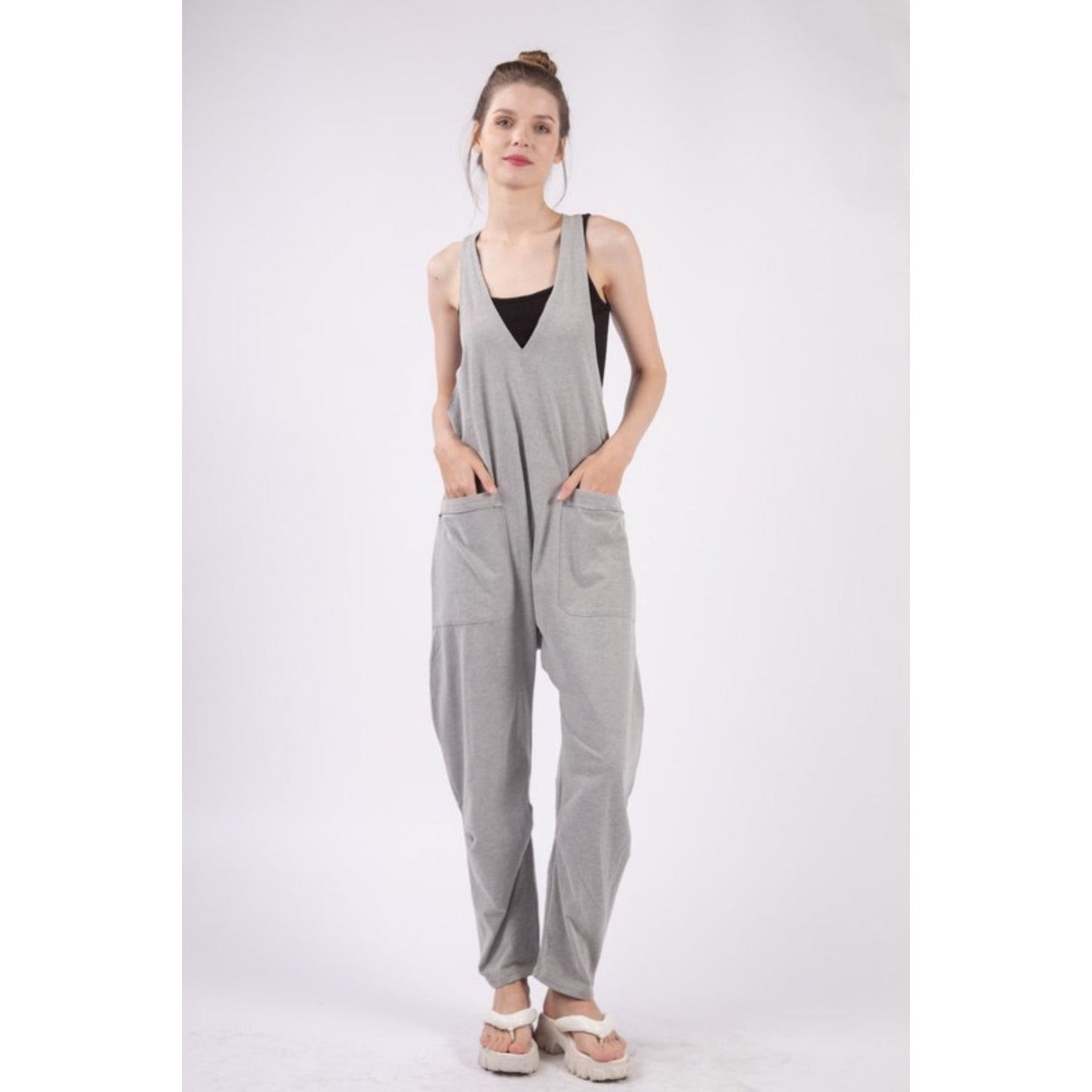 VERY J  Plunge Sleeveless Jumpsuit with Pockets