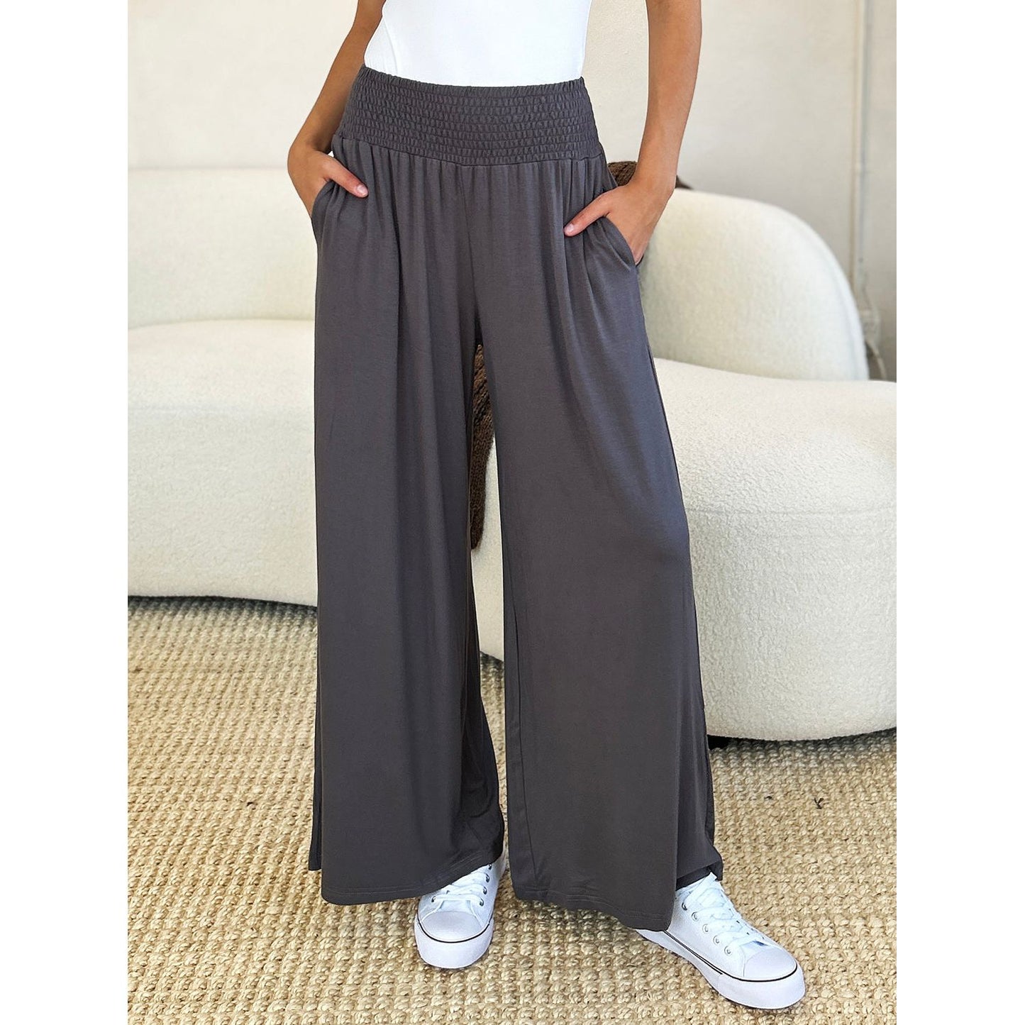 Double Take Full Size Smocked Wide Waistband Wide Leg Pants