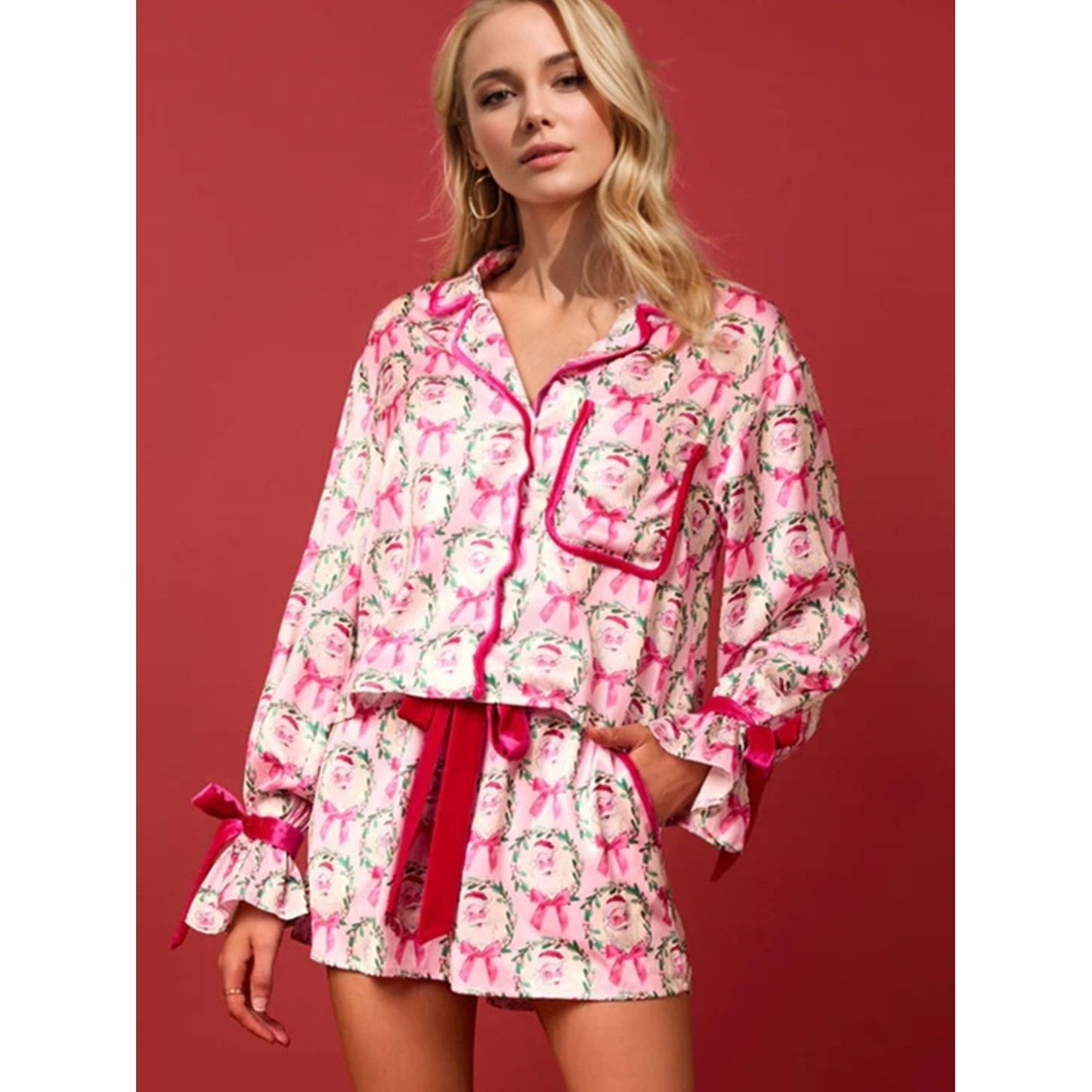 Tied Printed Collared Neck Long Sleeve Top and Shorts Set