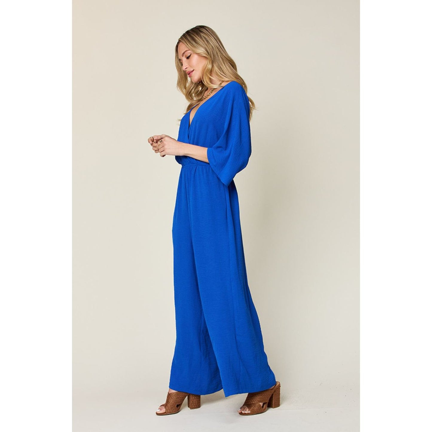 Double Take Full Size Surplice Wide Leg Jumpsuit with Pockets