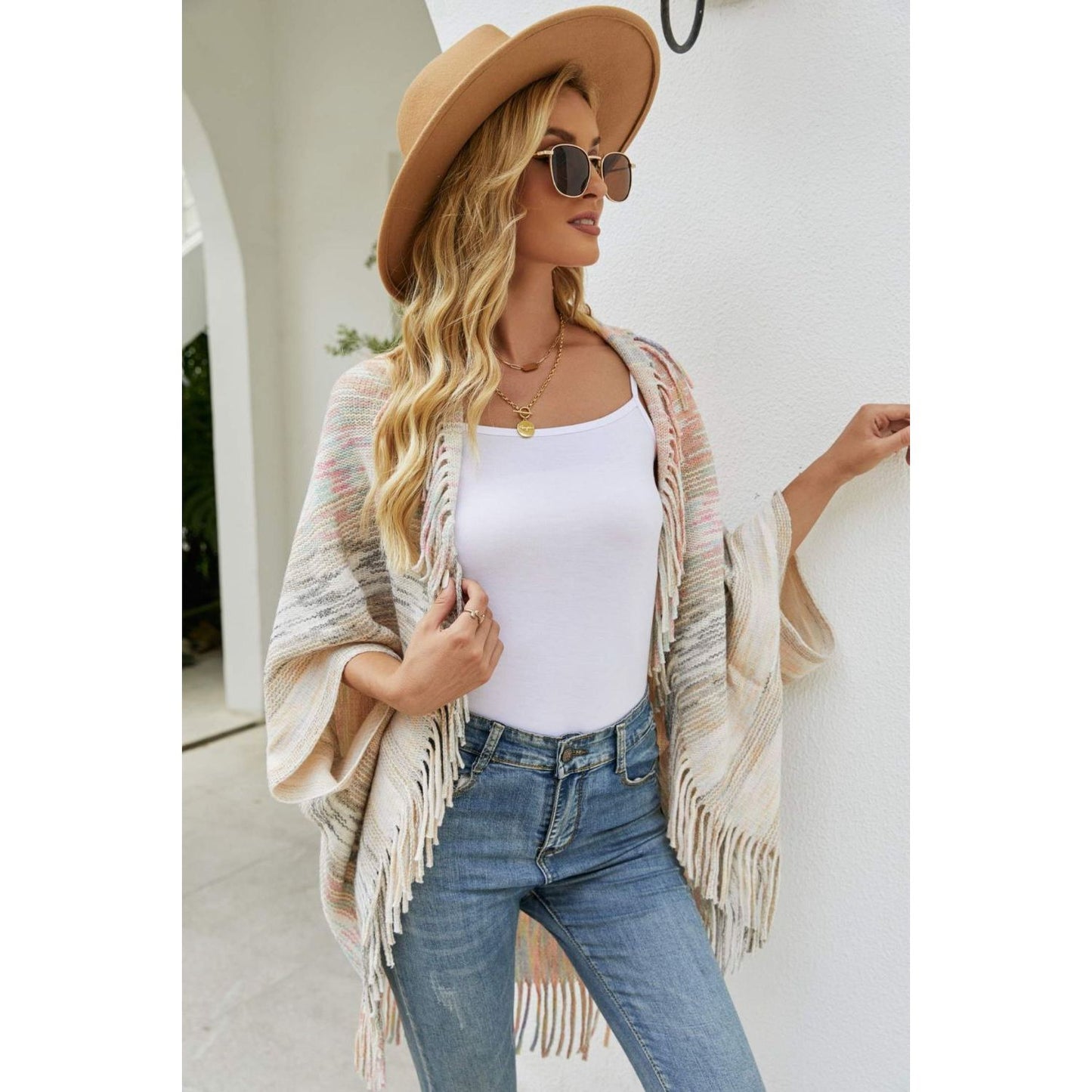 Multicolored Fringe Trim Poncho