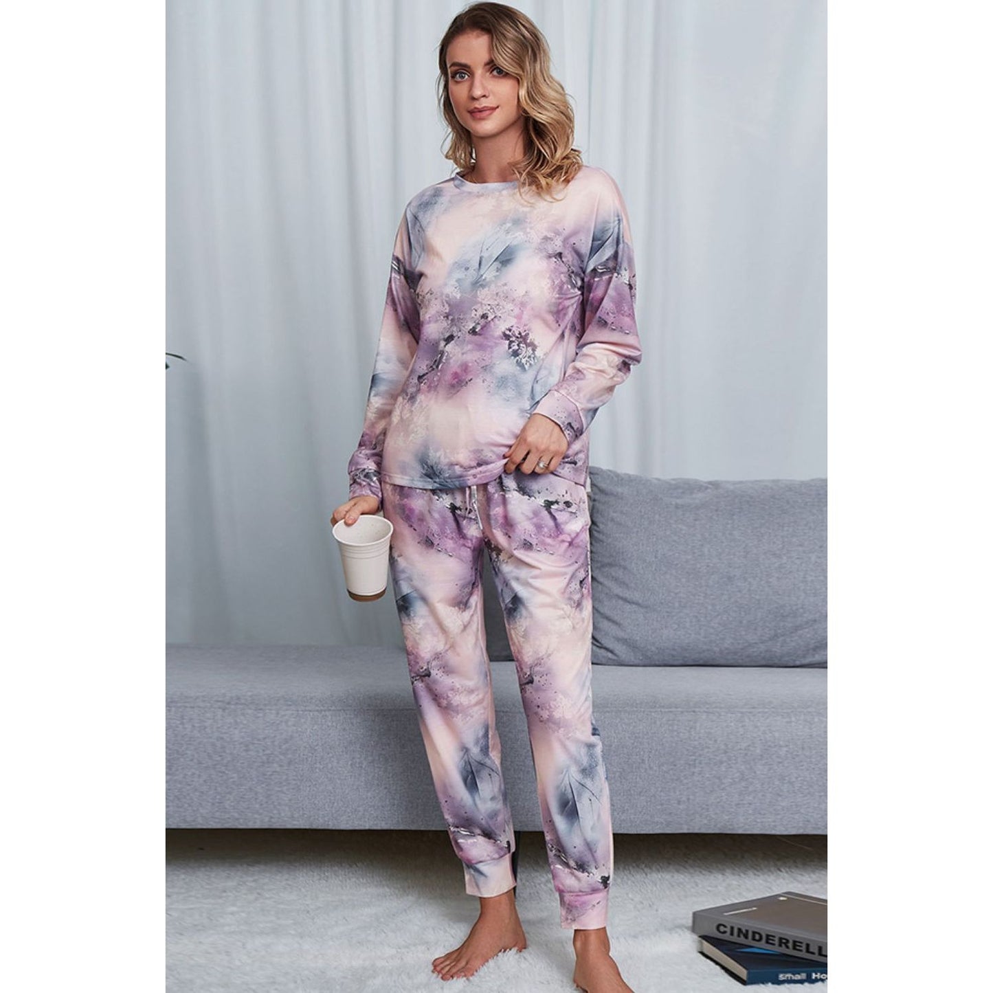 Shiny Tie-Dye Crewneck Top and Drawstring Waist Joggers Lounge Set