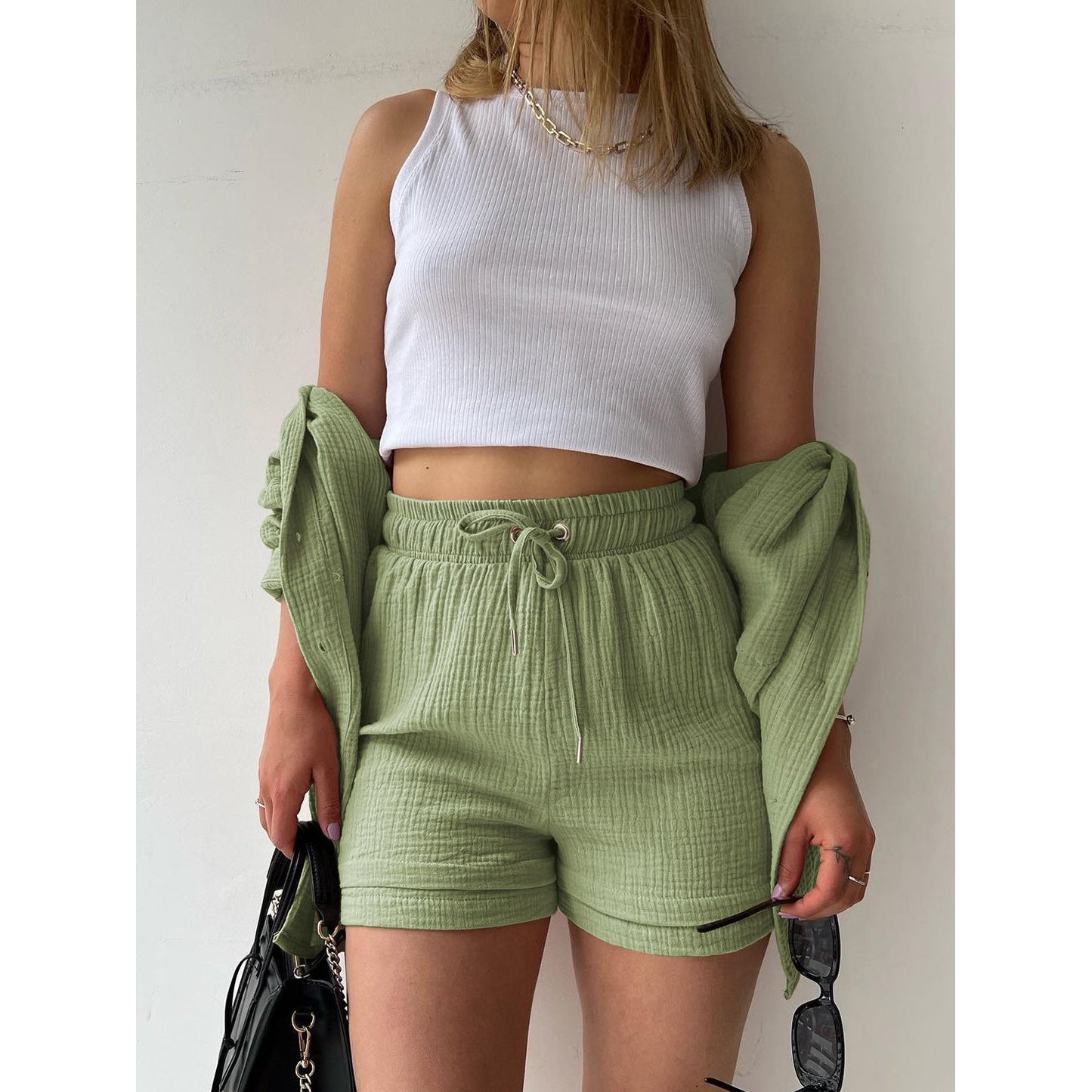 Texture Button Up Shirt and Drawstring Shorts Set