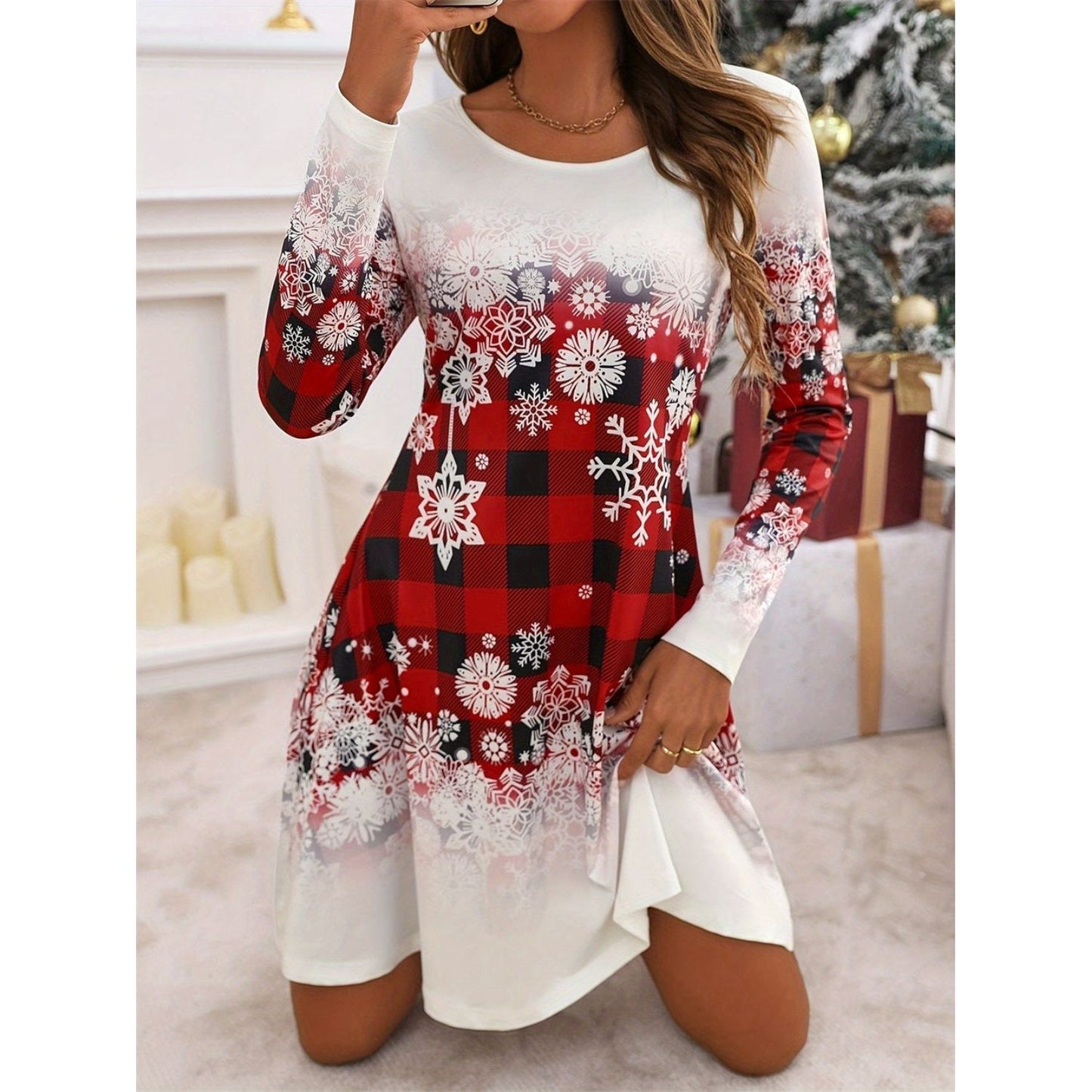 Snowflakes Plaid Round Neck Long Sleeve Dress