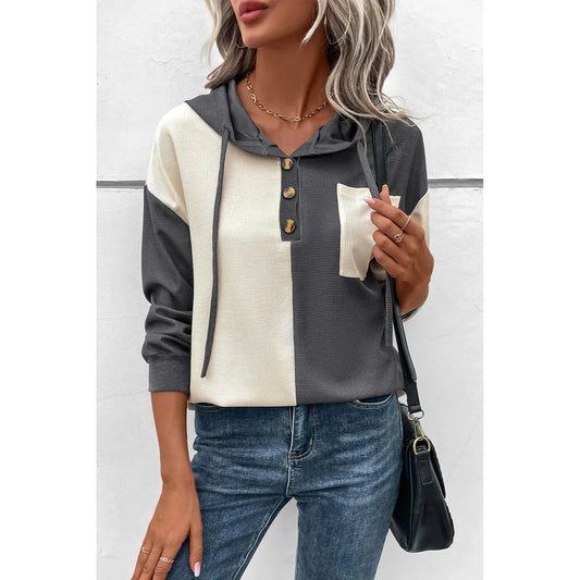 Drawstring Quarter Button Contrast Long Sleeve Hoodie