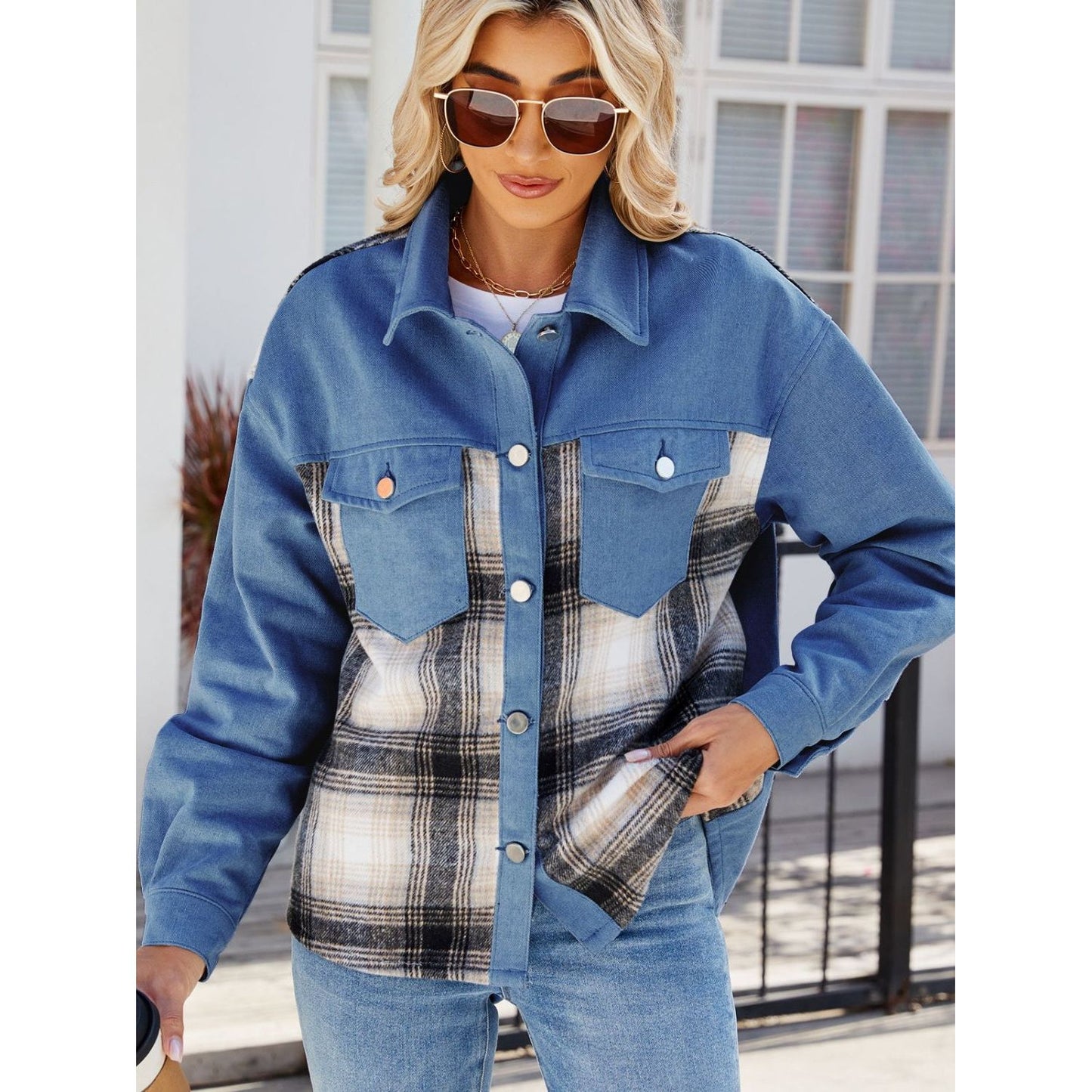 Plaid Button Up Long Sleeve Denim Jacket