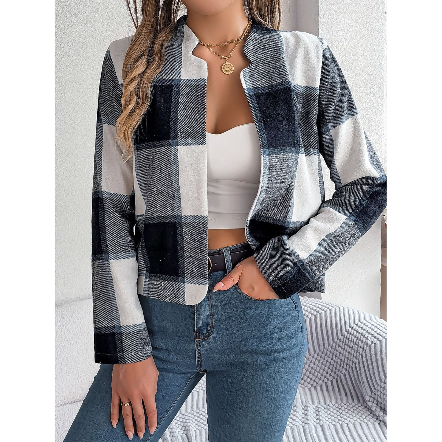 Plaid Open Front Long Sleeve Jacket