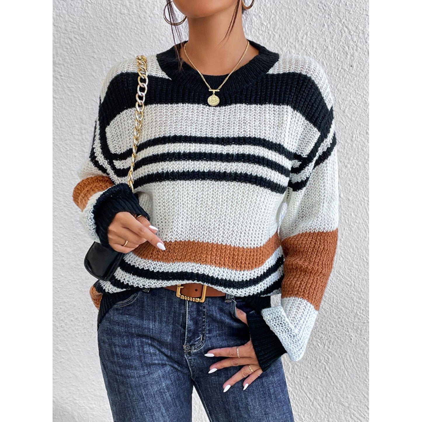 Contrast Striped Round Neck Long Sleeve Sweater