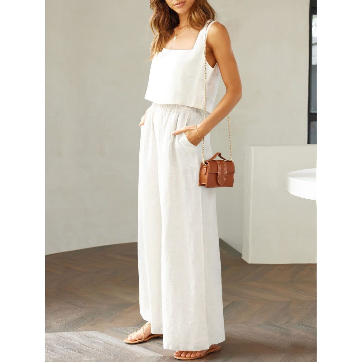 Square Neck Top and Wide Leg Pants Set