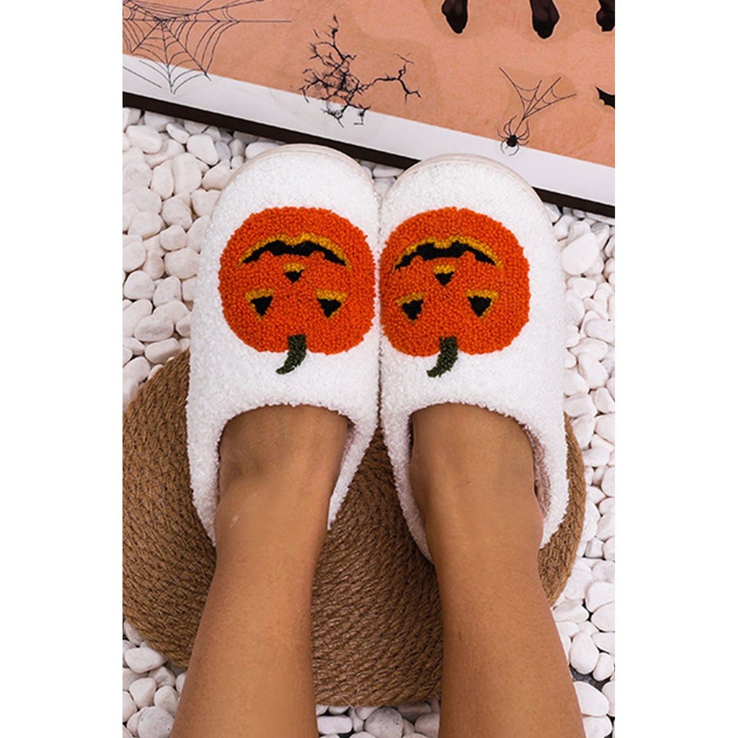 White Halloween Pumpkin Print Plush Slippers (Runs Small, Size Up)