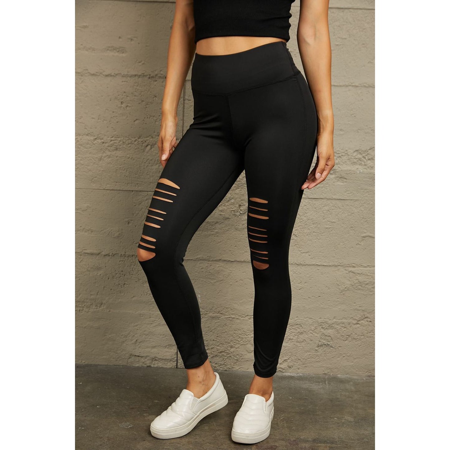 Double Take Wide Waistband Distressed Slim Fit Leggings