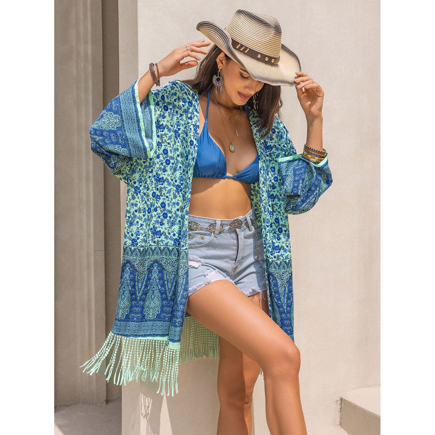 Fringe Printed Open Front Cover-Up