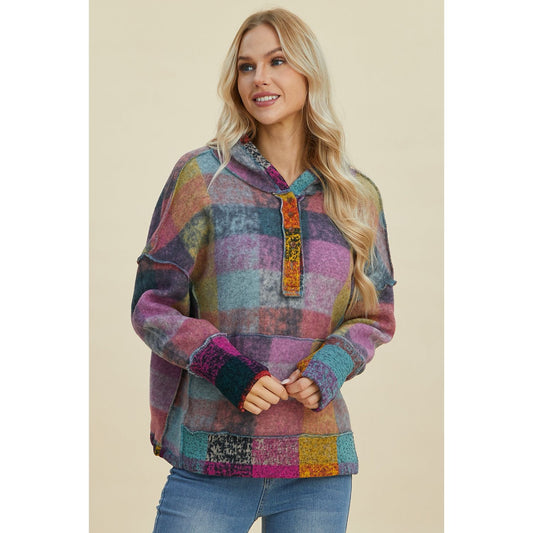 Double Take Full Size Plaid Dropped Shoulder Hoodie