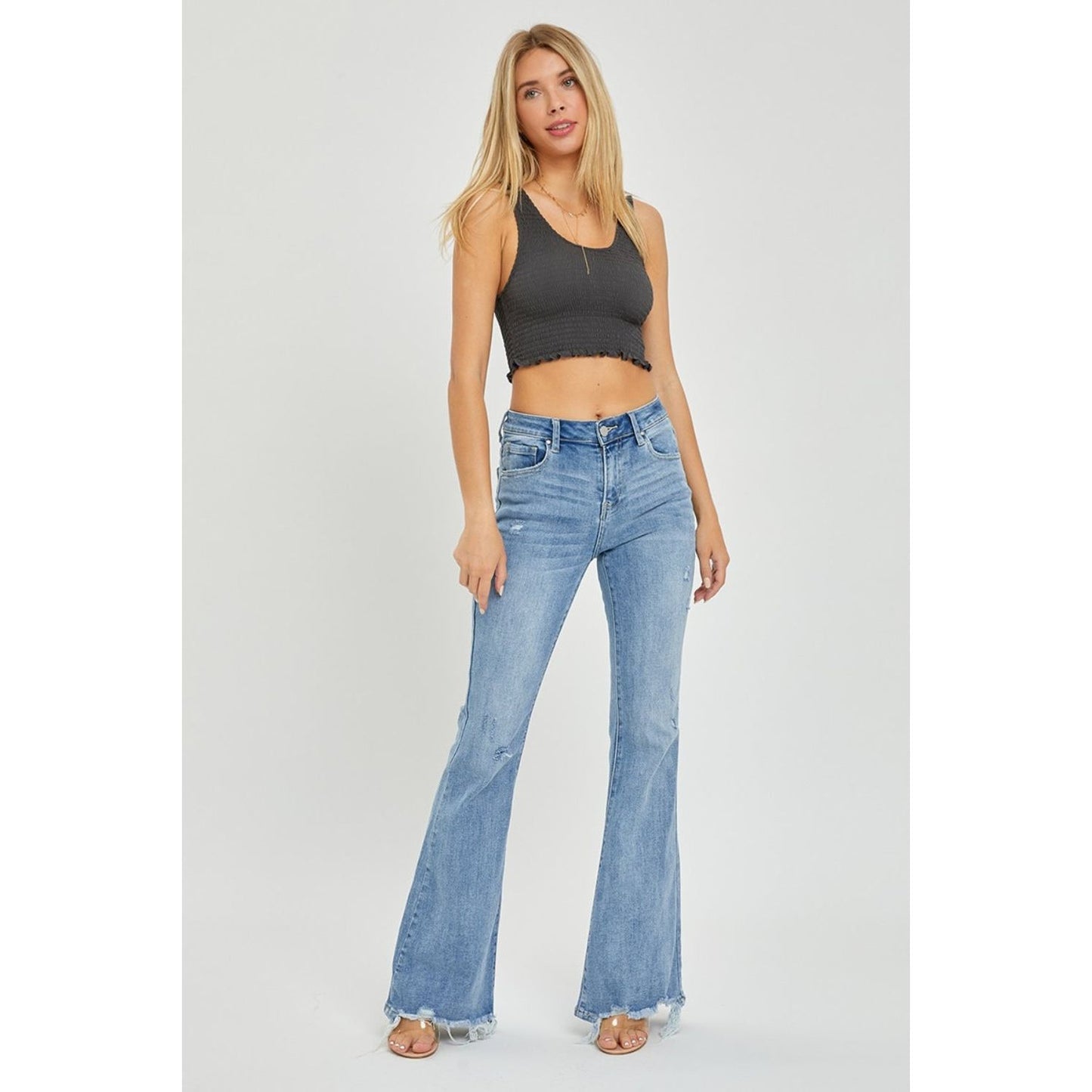 Risen Full Size High Rise Frayed Hem Flare Jeans