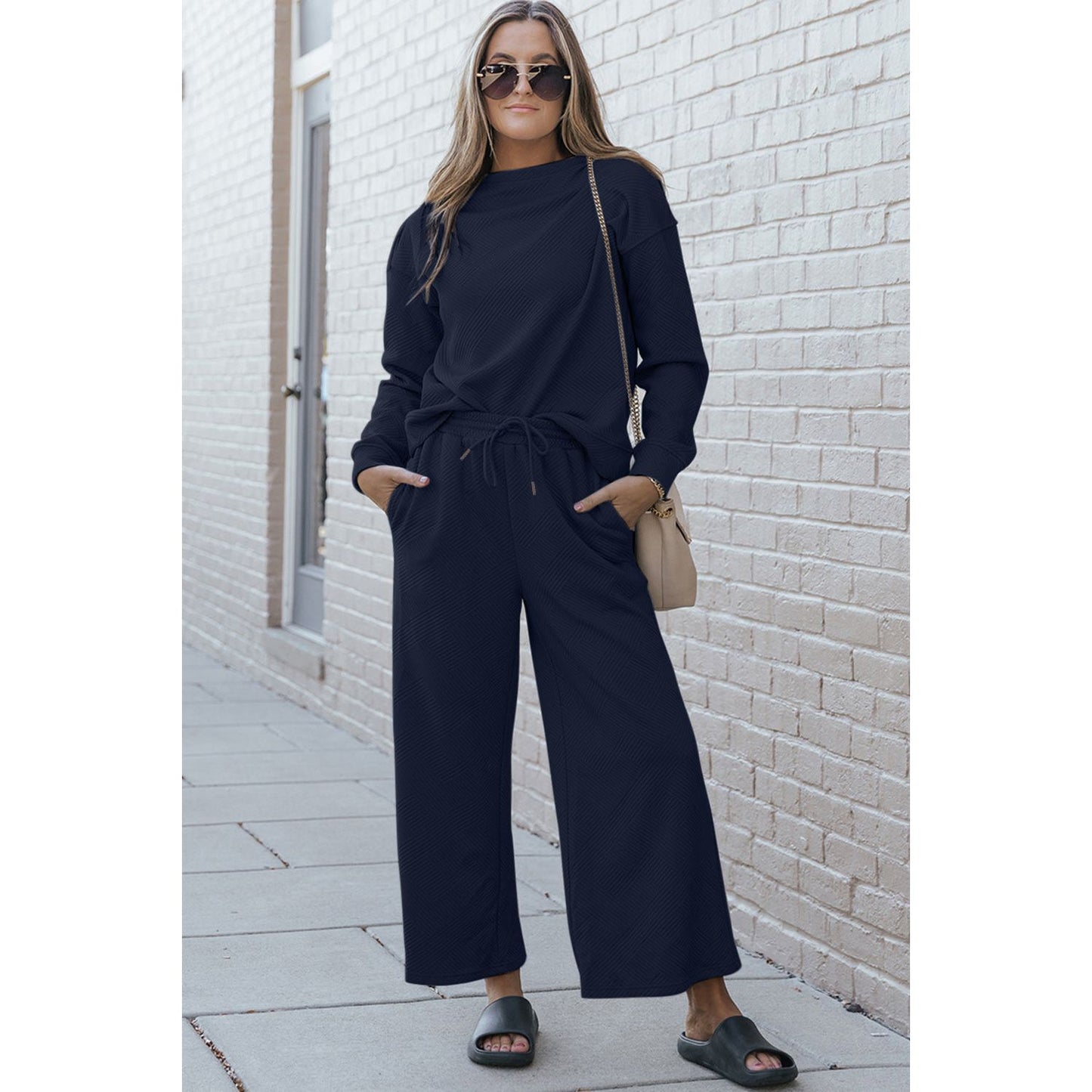 Double Take Full Size Textured Long Sleeve Top and Drawstring Pants Set