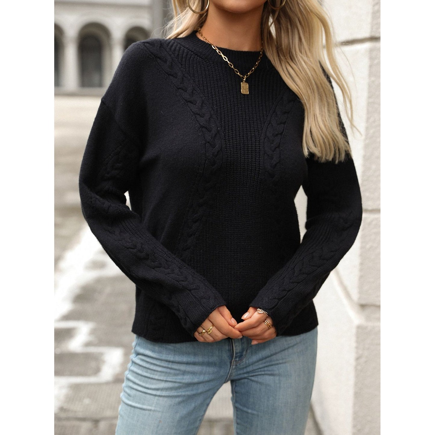 Cable-Knit Round Neck Long Sleeve Sweater