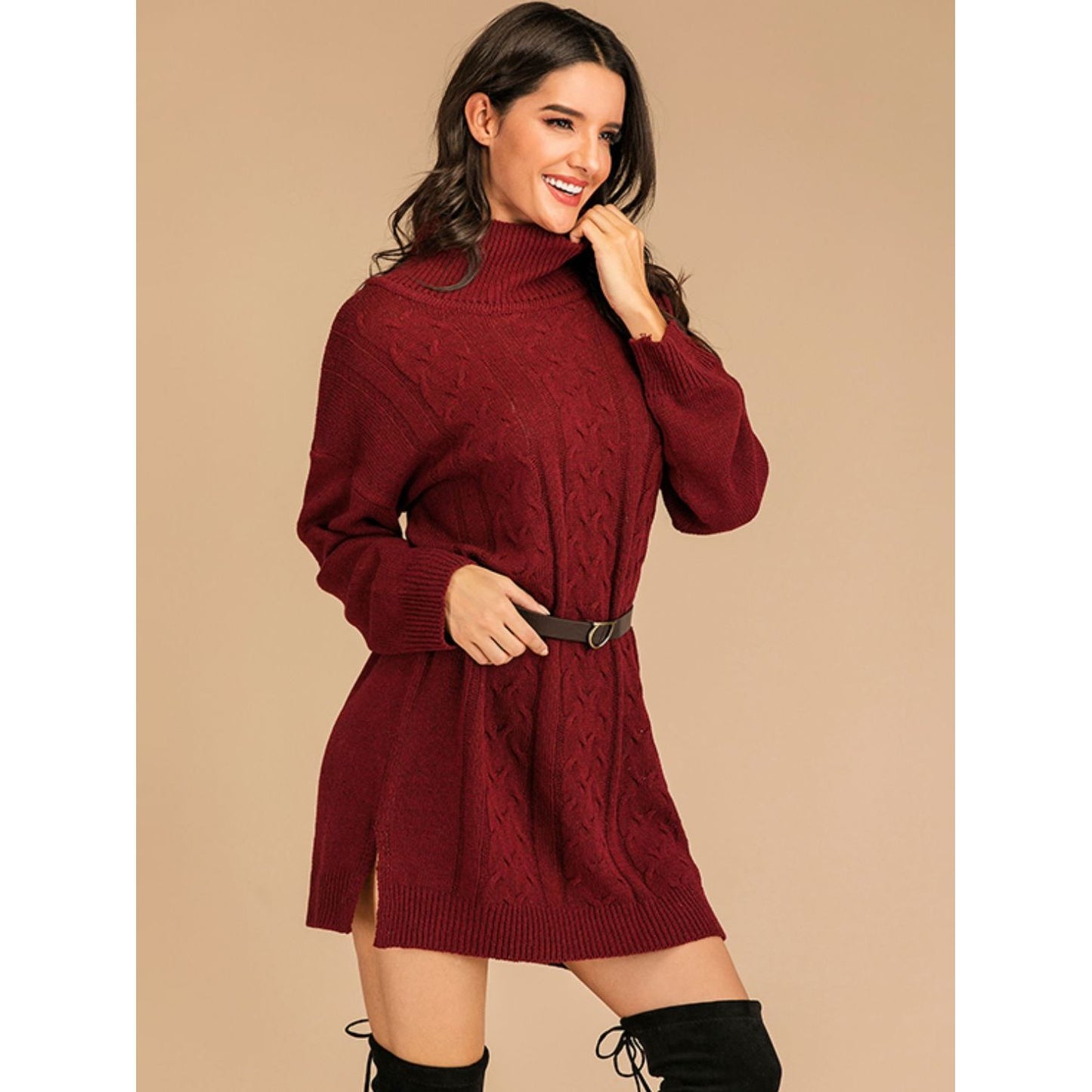 Perfee Slit Turtleneck Long Sleeve Mini Sweater Dress