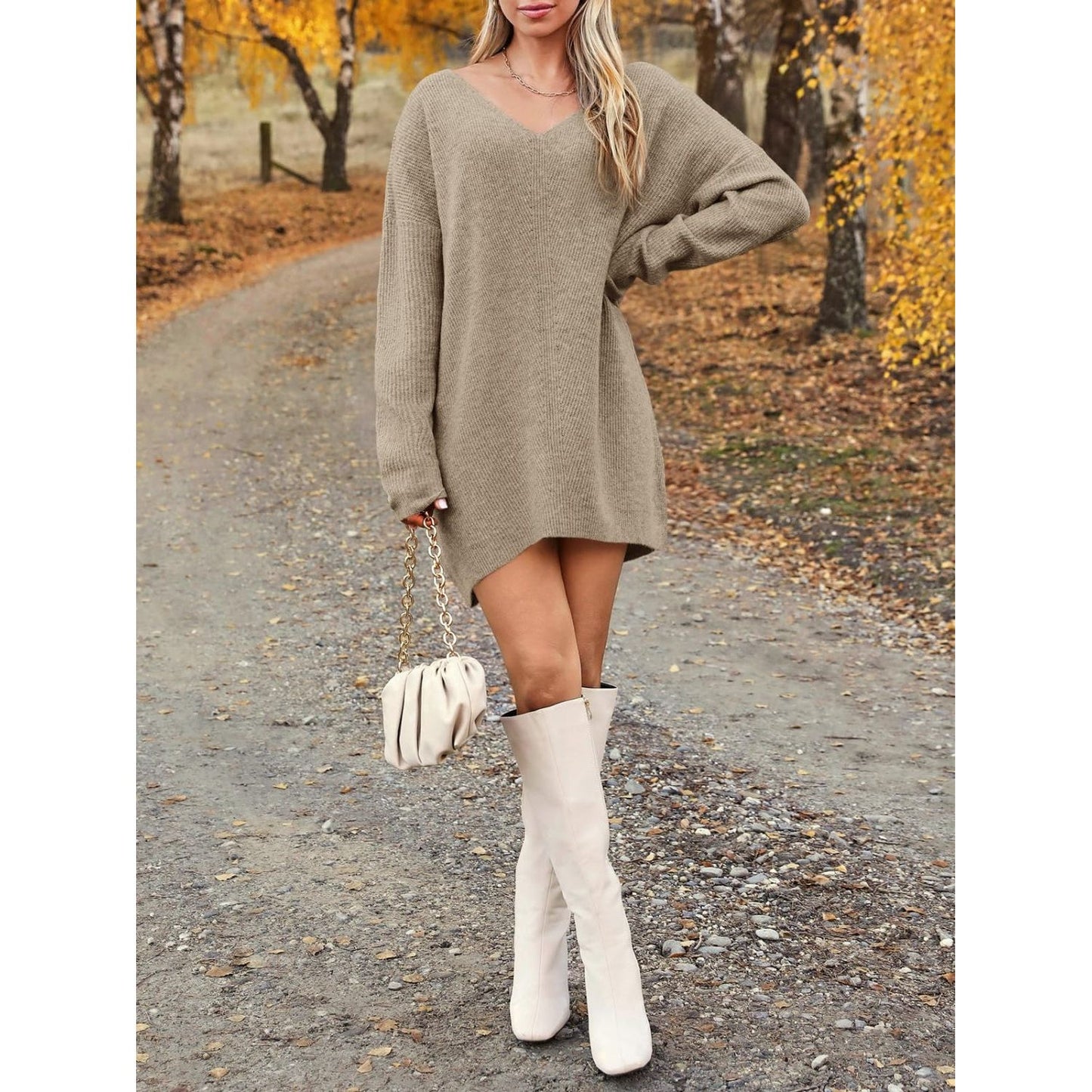 V-Neck Dropped Shoulder Sweater Dress