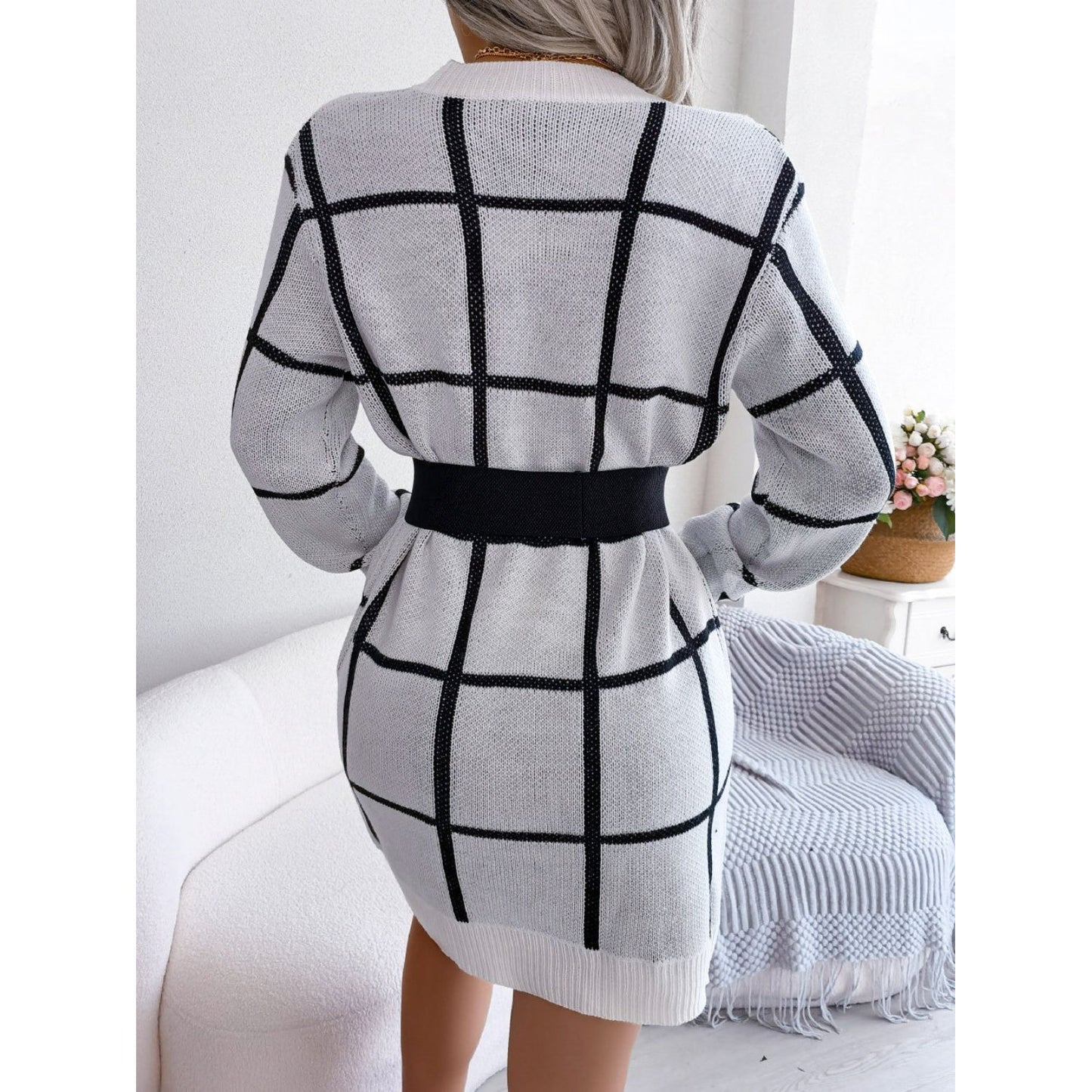 Plaid Round Neck Dropped Shoulder Sweater Dress